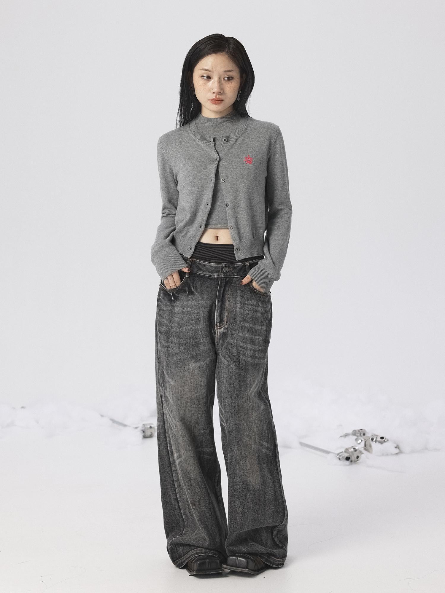 Achihara Spring Summer Gray Knit Cardigan Vest Women&
