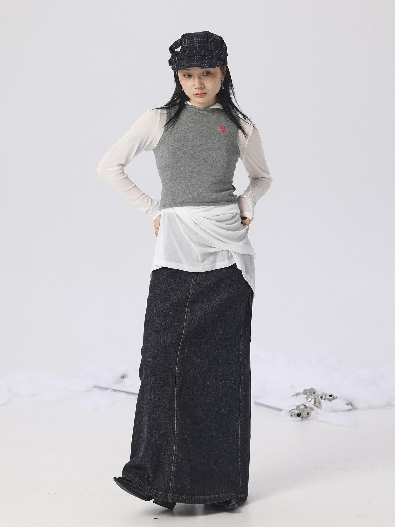 Achihara Spring Summer Gray Knit Cardigan Vest Women&
