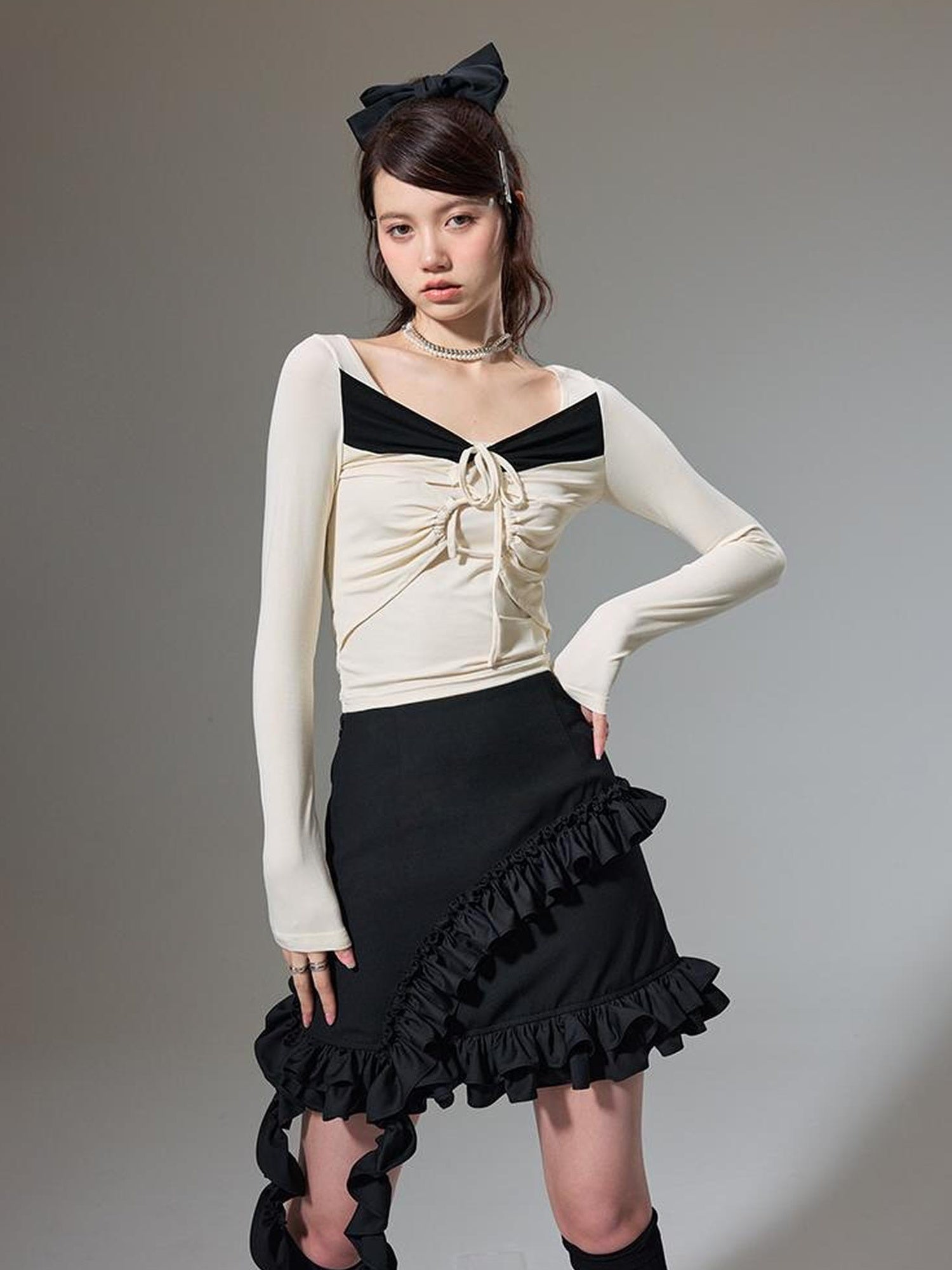 DIDDI MODA Square Neck Spliced Rib Knit Top With Drawstring