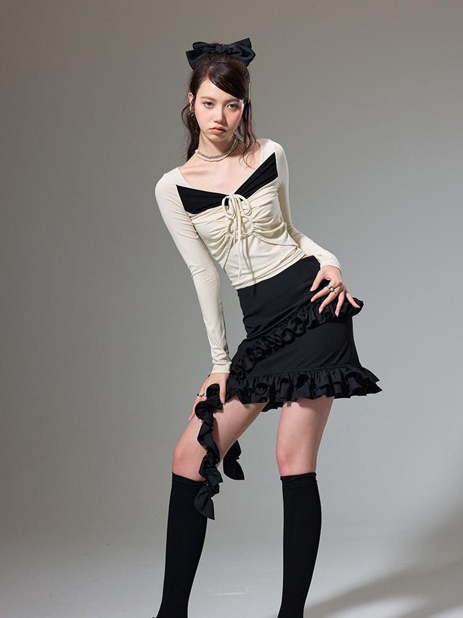 DIDDI MODA Square Neck Spliced Rib Knit Top With Drawstring