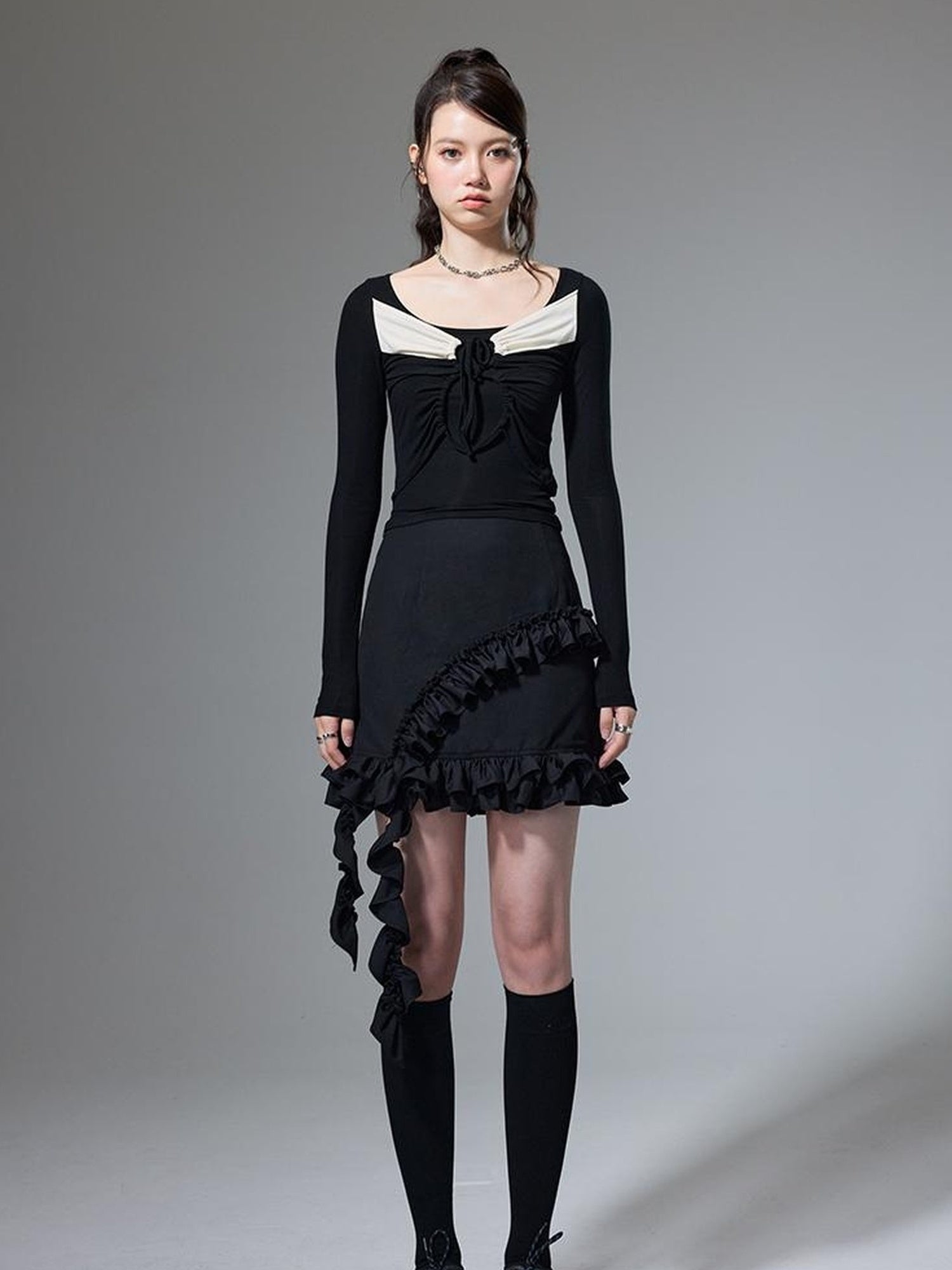 DIDDI MODA Square Neck Spliced Rib Knit Top With Drawstring