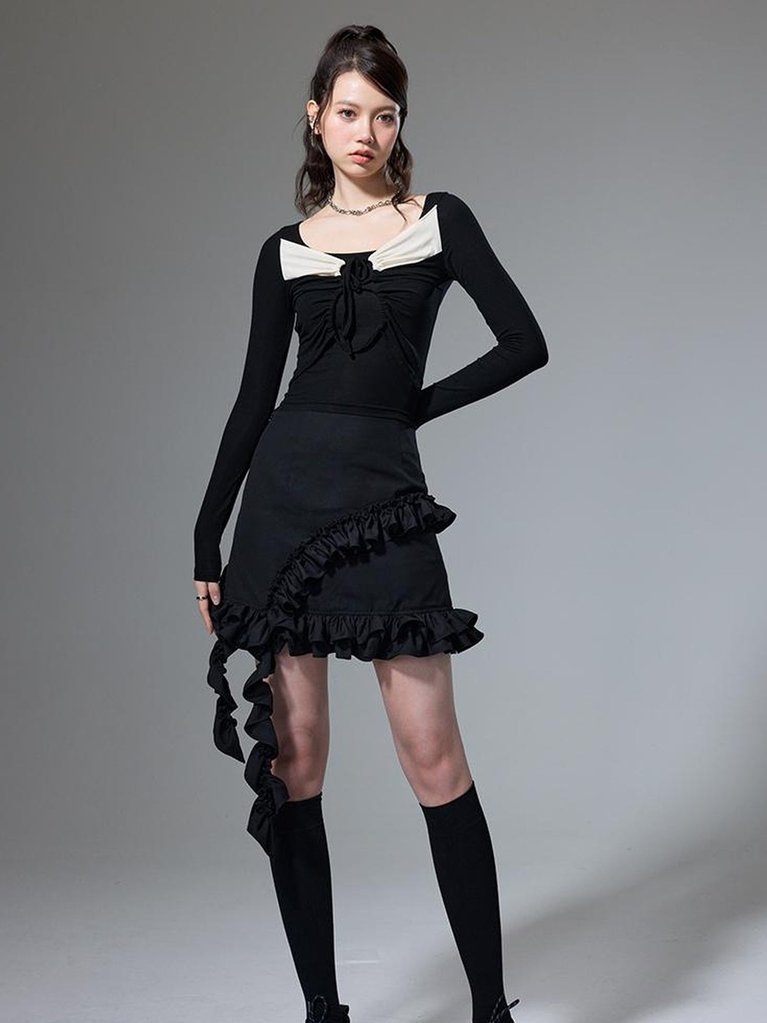 DIDDI MODA Square Neck Spliced Rib Knit Top With Drawstring