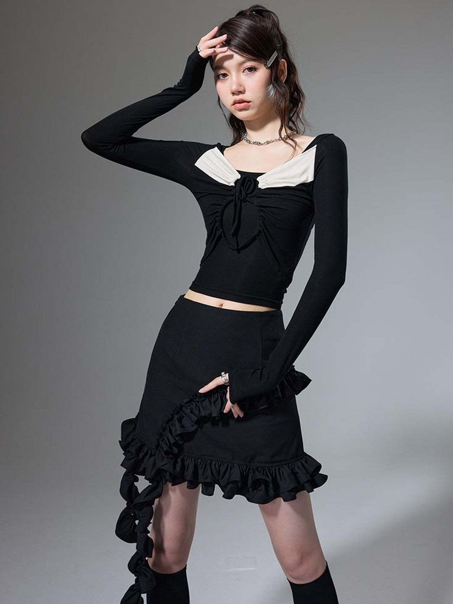 DIDDI MODA Square Neck Spliced Rib Knit Top With Drawstring
