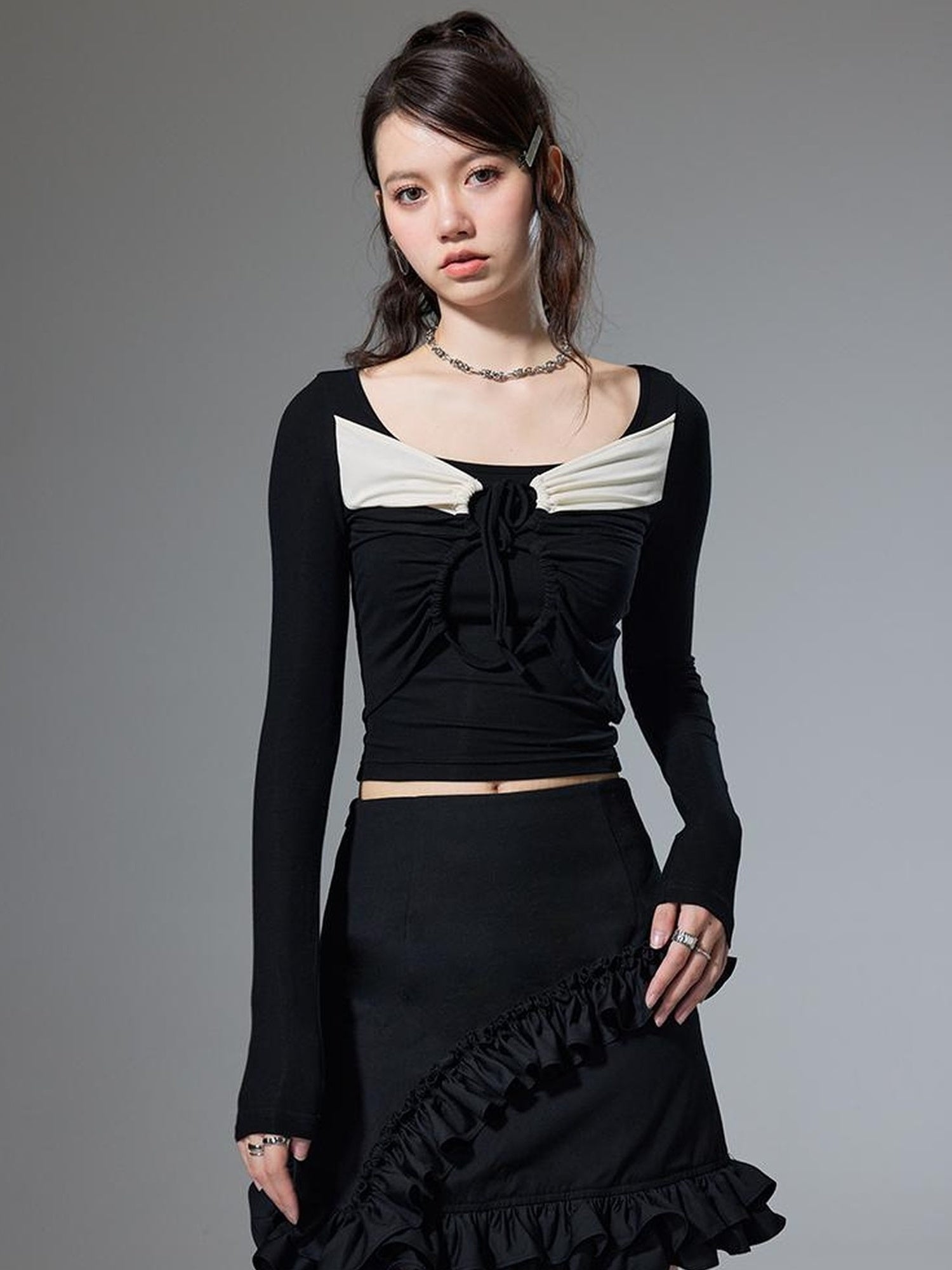 DIDDI MODA Square Neck Spliced Rib Knit Top With Drawstring