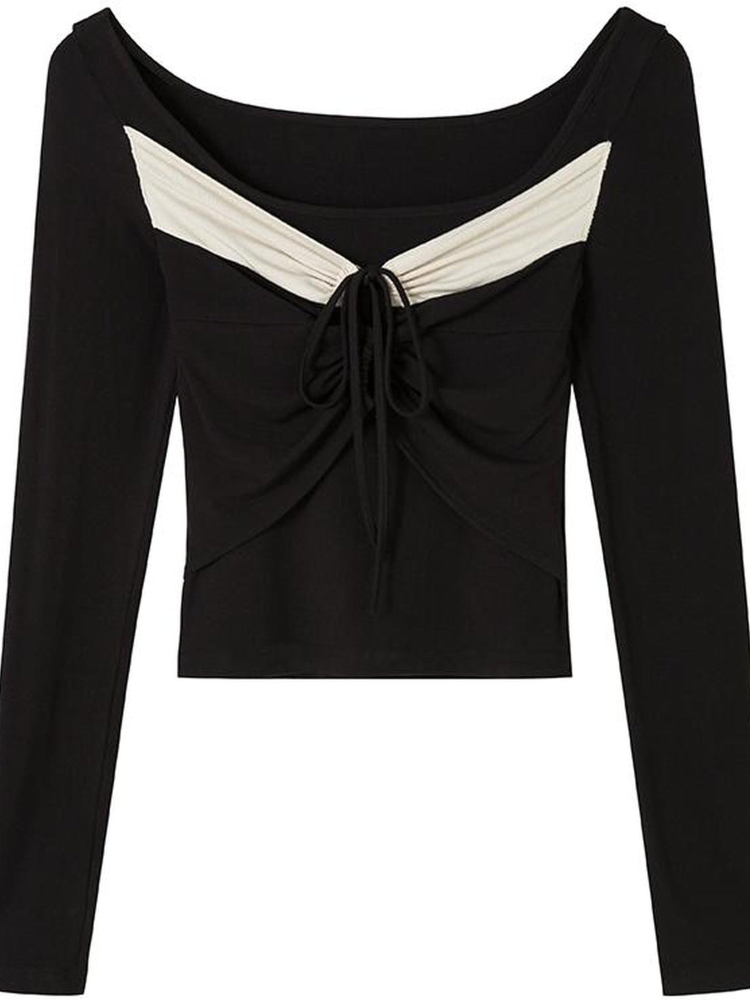 DIDDI MODA Square Neck Spliced Rib Knit Top With Drawstring