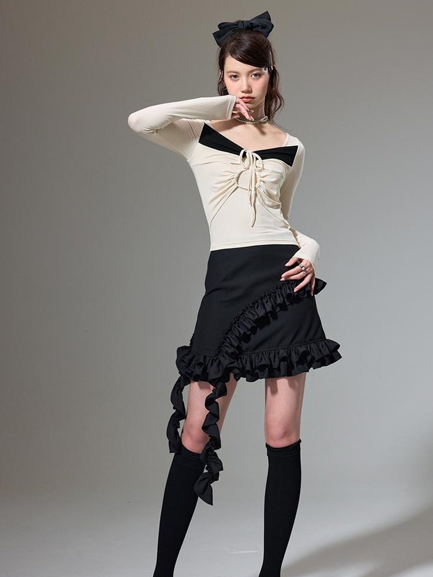 DIDDI MODA Square Neck Spliced Rib Knit Top With Drawstring