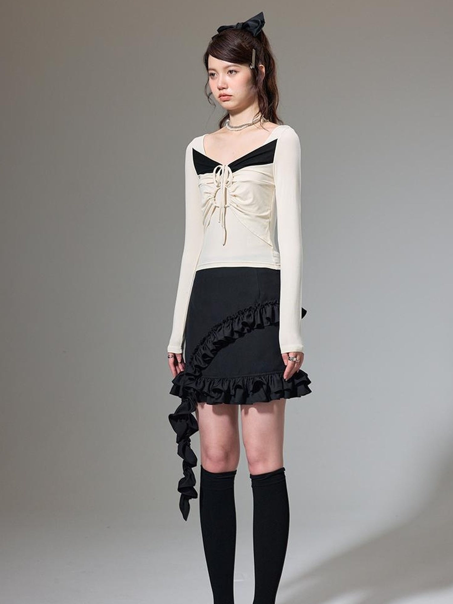 DIDDI MODA Square Neck Spliced Rib Knit Top With Drawstring