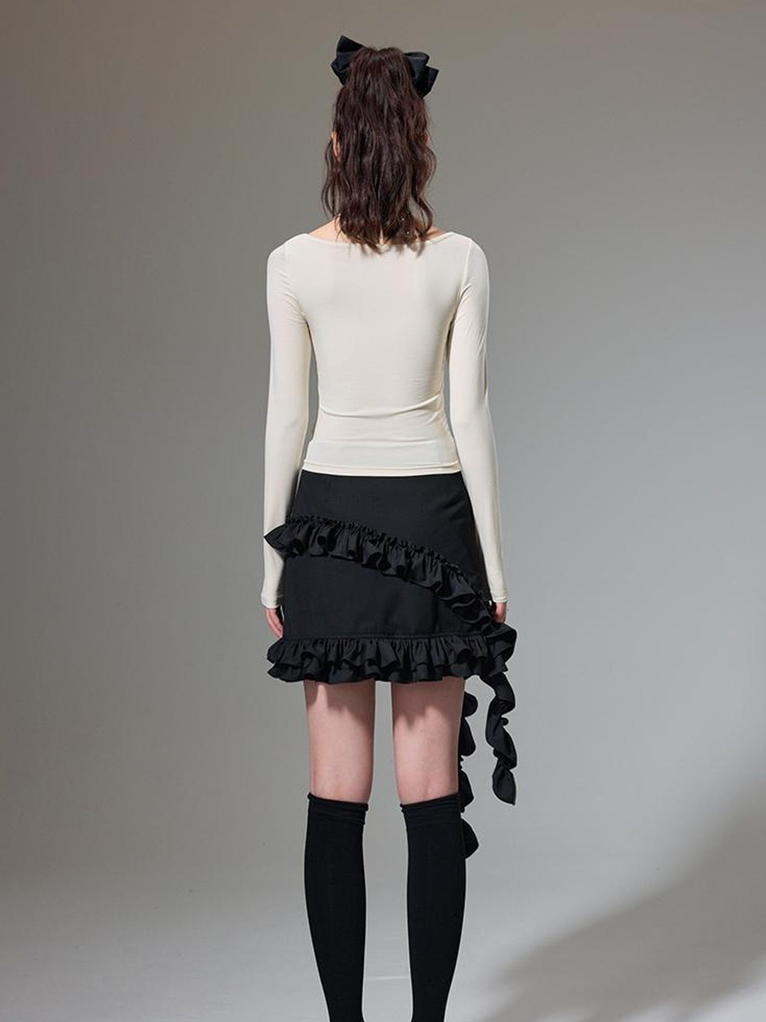 DIDDI MODA Square Neck Spliced Rib Knit Top With Drawstring