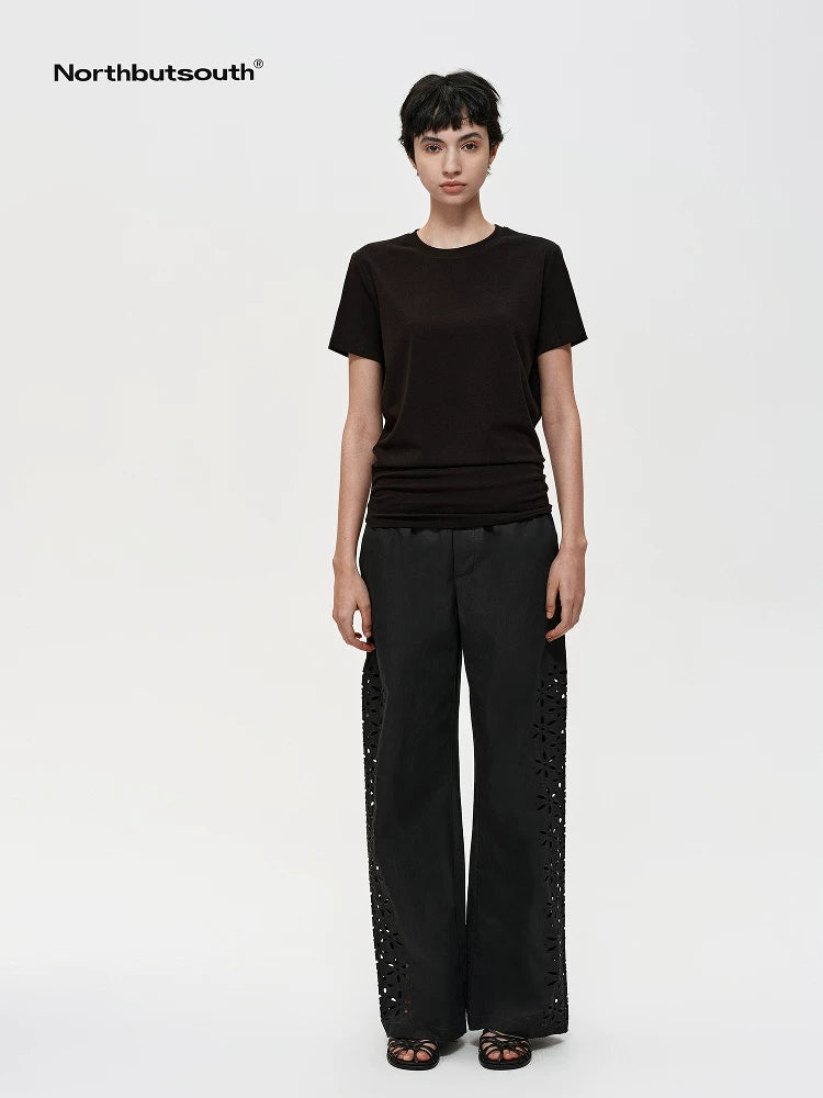Stacked Pleat Hem Round Neck T-shirt