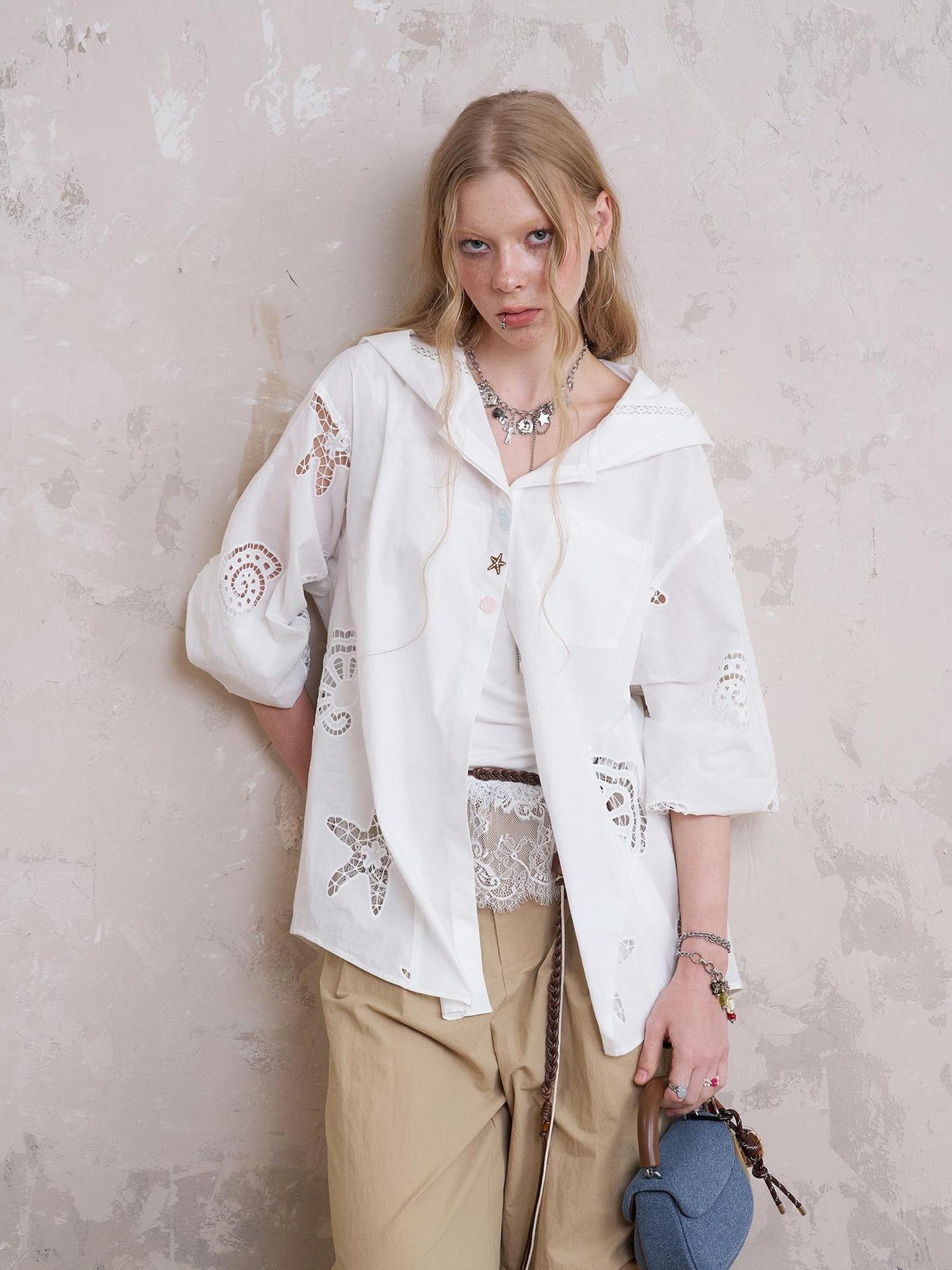 DIDDI MODA Starfish Shell Embroidered Loose Hooded Shirt Summer