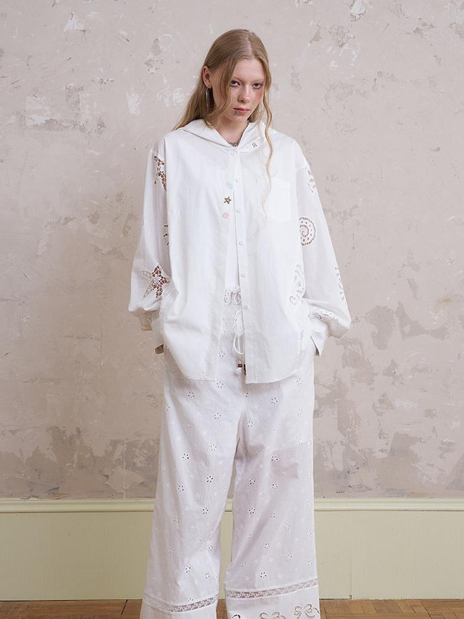 DIDDI MODA Starfish Shell Embroidered Loose Hooded Shirt Summer