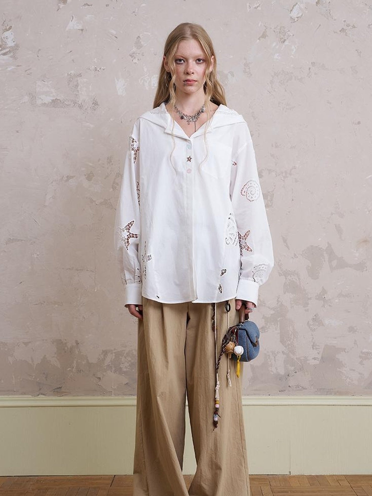 DIDDI MODA Starfish Shell Embroidered Loose Hooded Shirt Summer