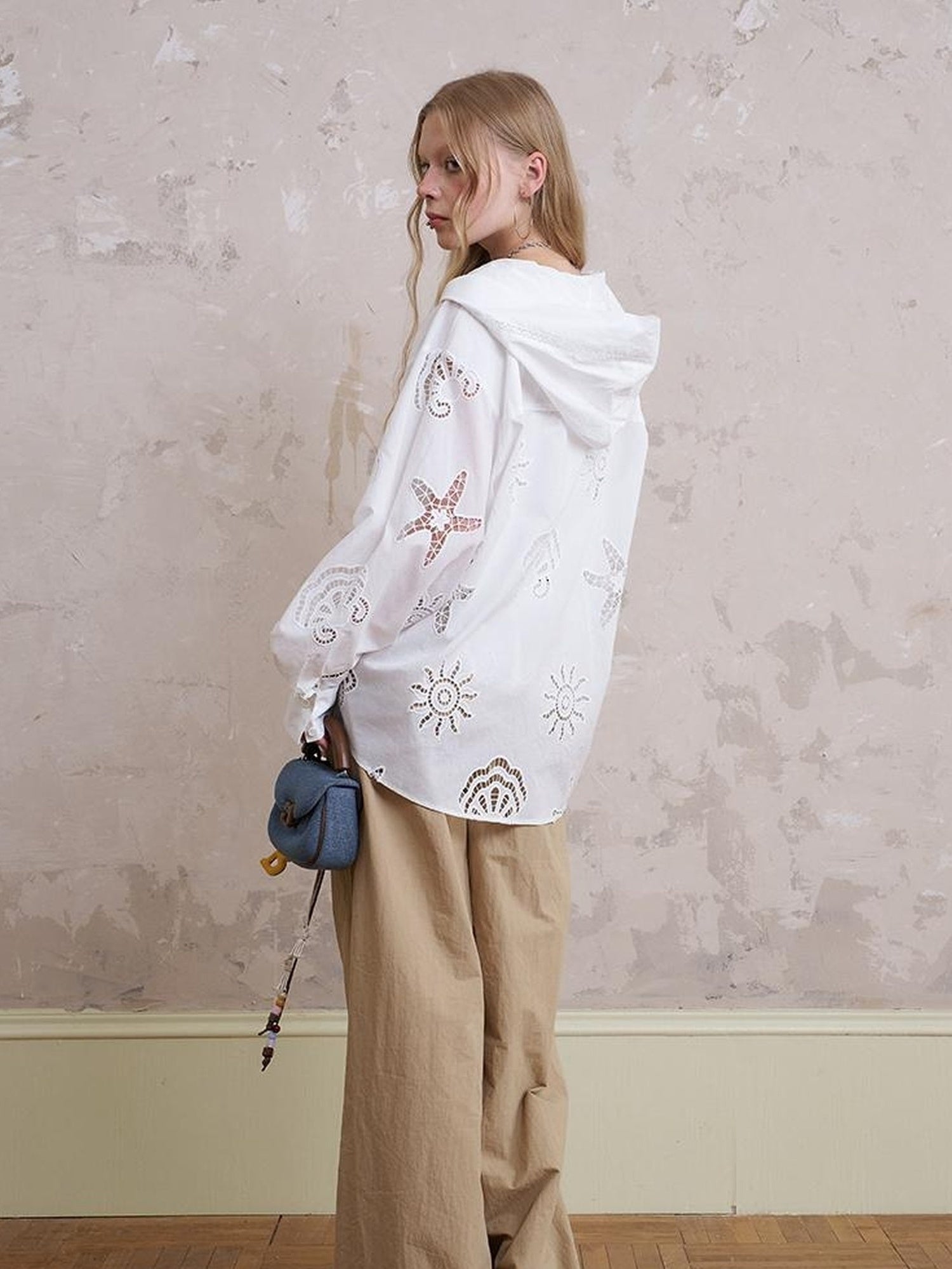 DIDDI MODA Starfish Shell Embroidered Loose Hooded Shirt Summer