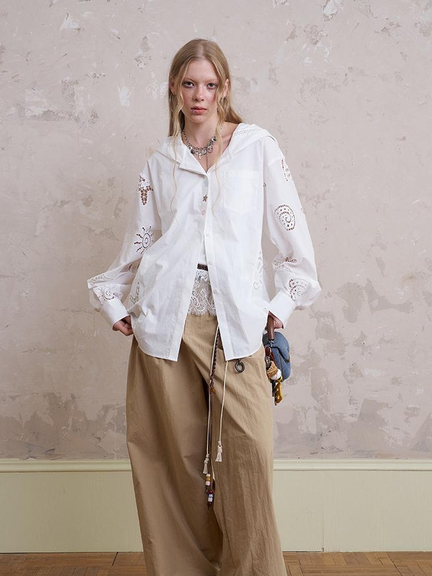 DIDDI MODA Starfish Shell Embroidered Loose Hooded Shirt Summer