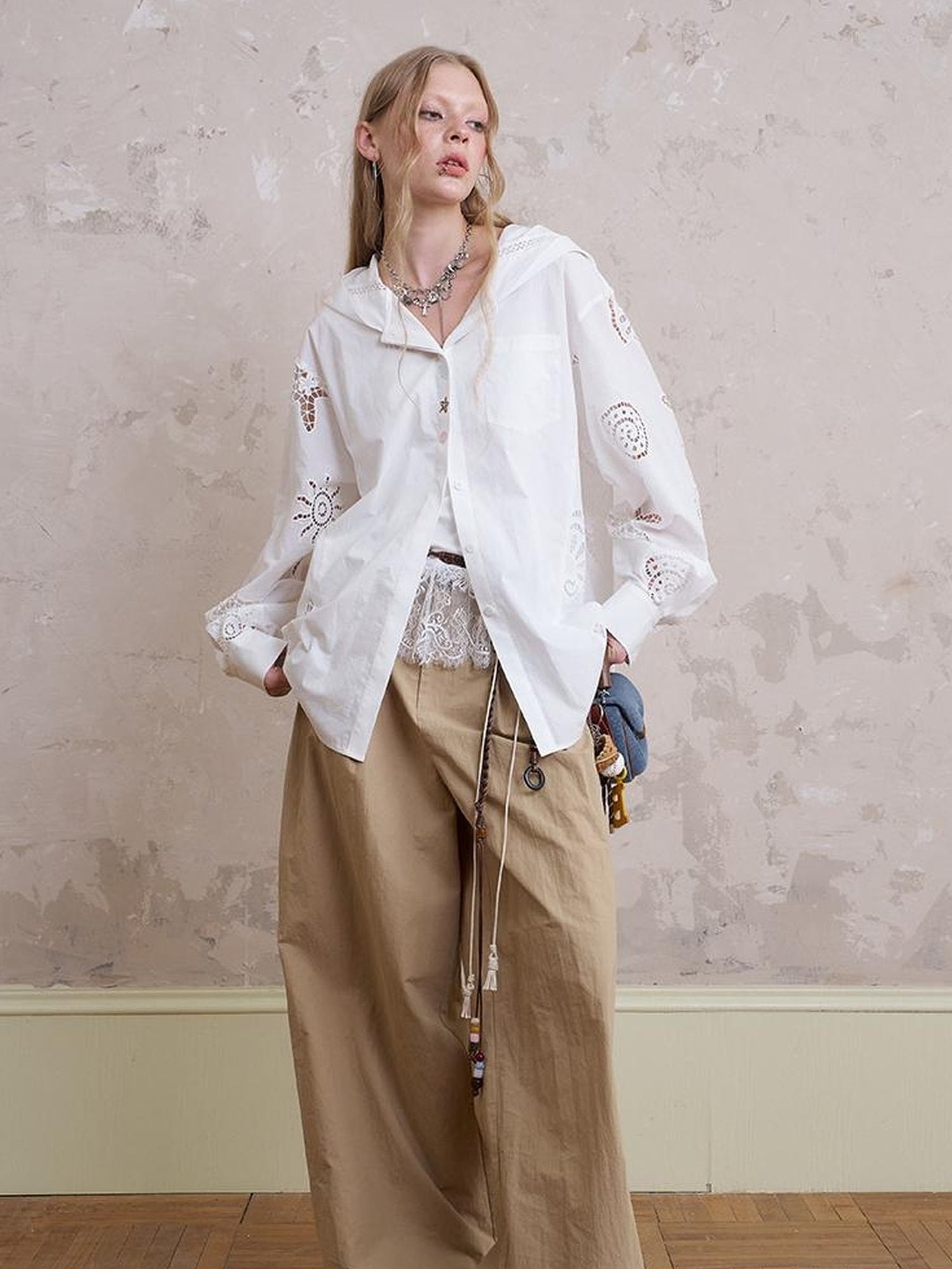 DIDDI MODA Starfish Shell Embroidered Loose Hooded Shirt Summer