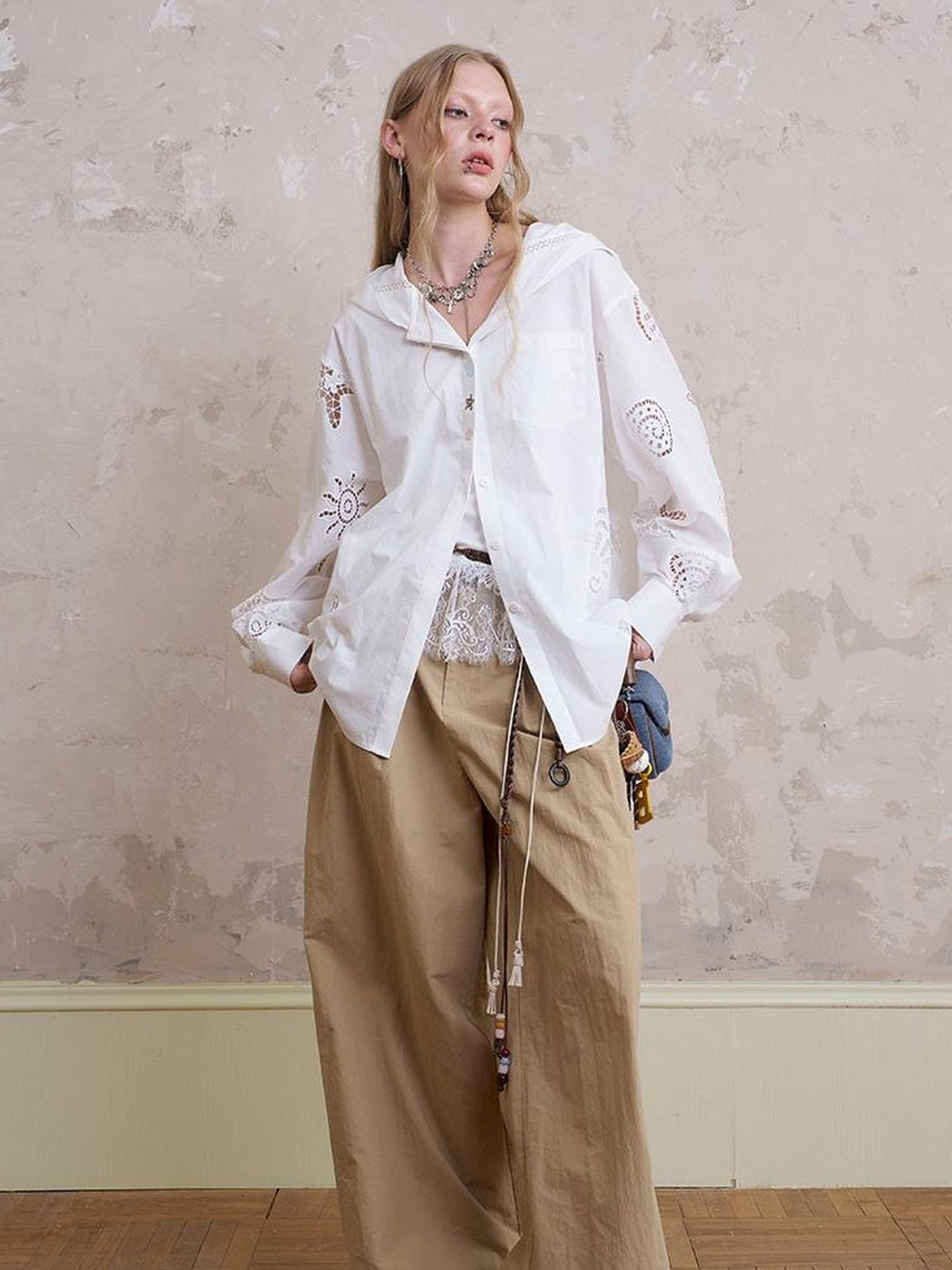 DIDDI MODA Starfish Shell Embroidered Loose Hooded Shirt Summer