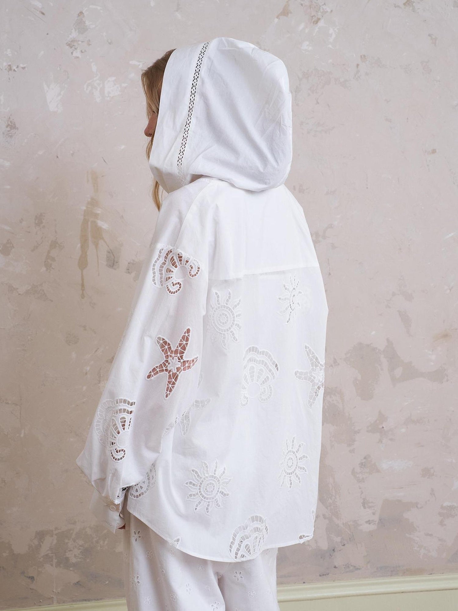 DIDDI MODA Starfish Shell Embroidered Loose Hooded Shirt Summer