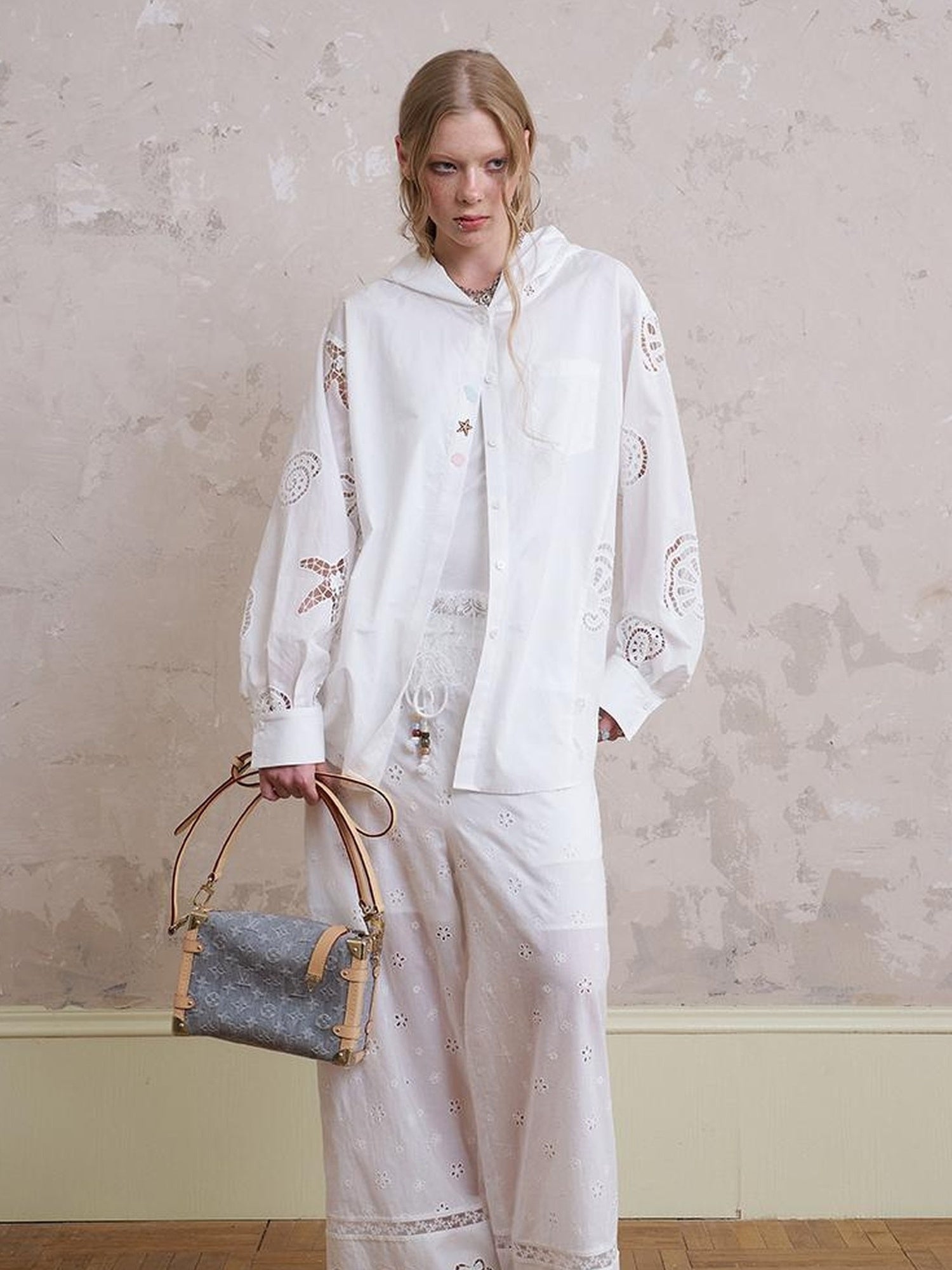 DIDDI MODA Starfish Shell Embroidered Loose Hooded Shirt Summer
