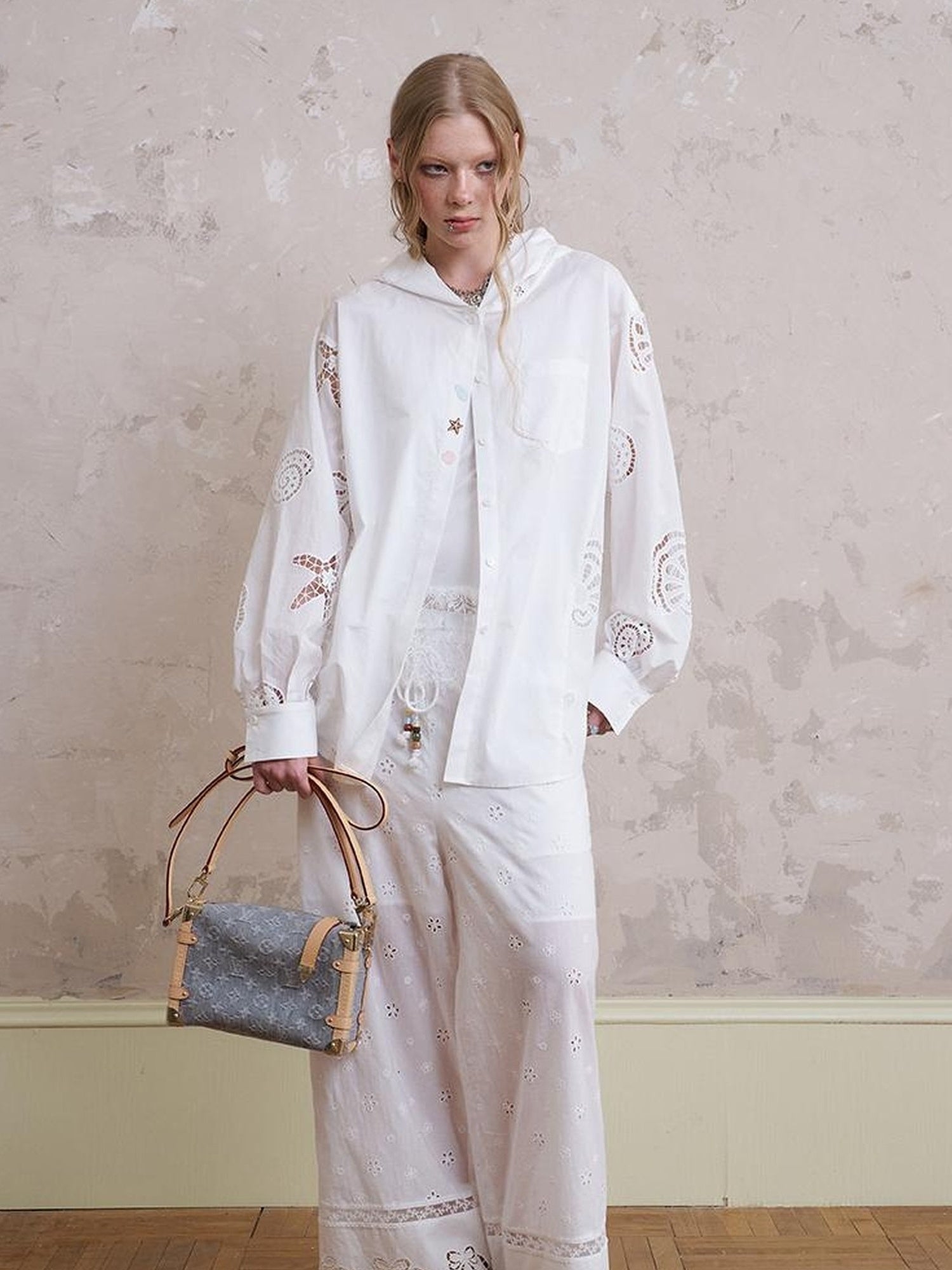 DIDDI MODA Starfish Shell Embroidered Loose Hooded Shirt Summer