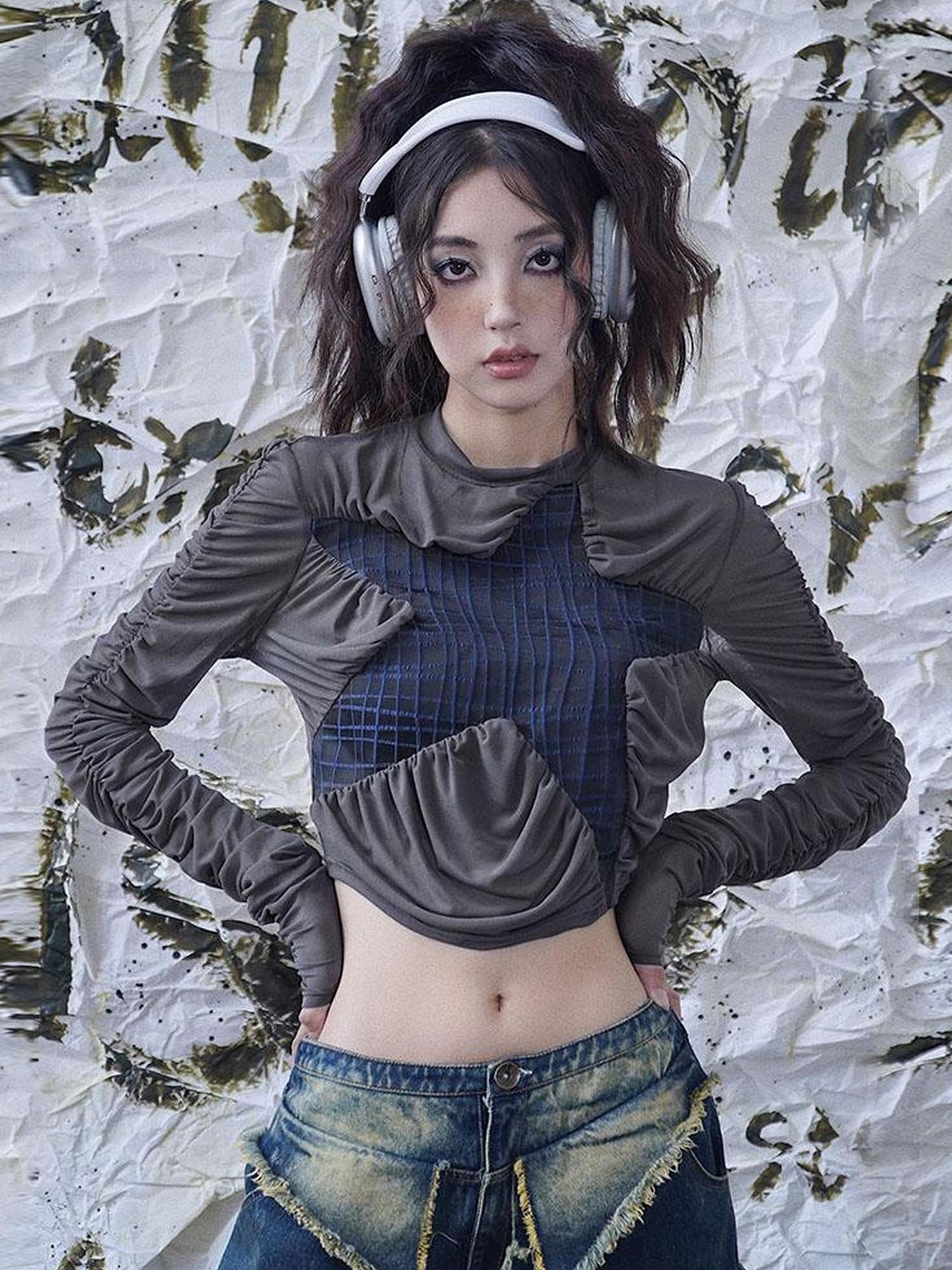 WSW WUSHENWU Starry Mesh Ruffle Top 2023 Blue Grey Seafoam Design