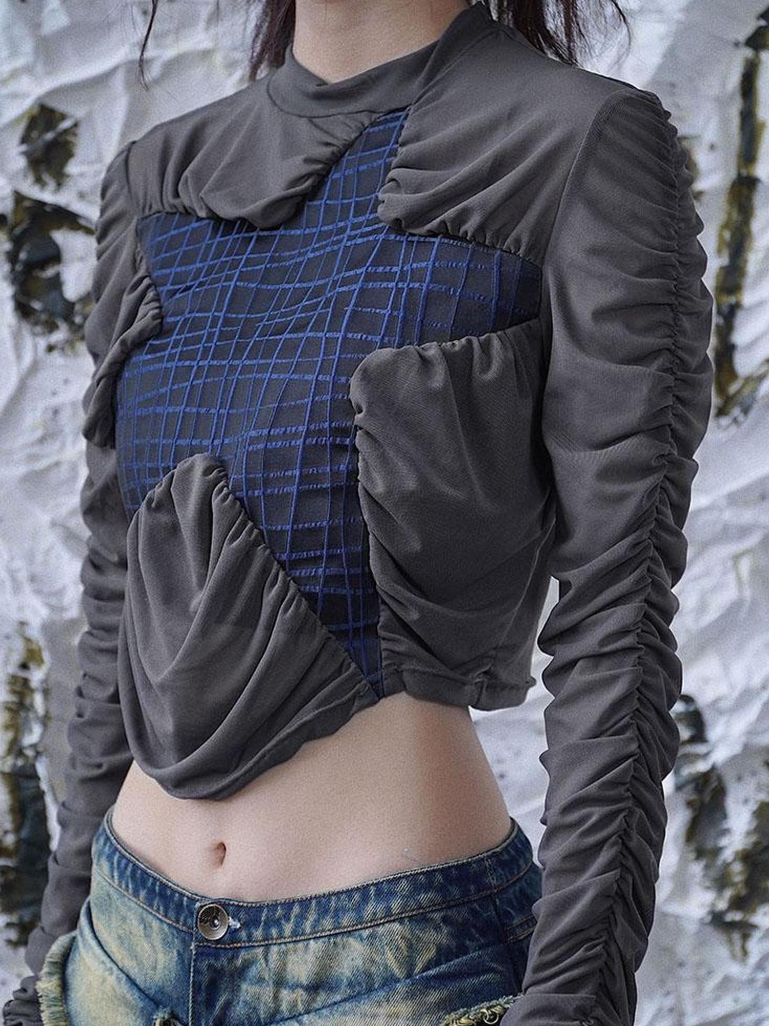 WSW WUSHENWU Starry Mesh Ruffle Top 2023 Blue Grey Seafoam Design