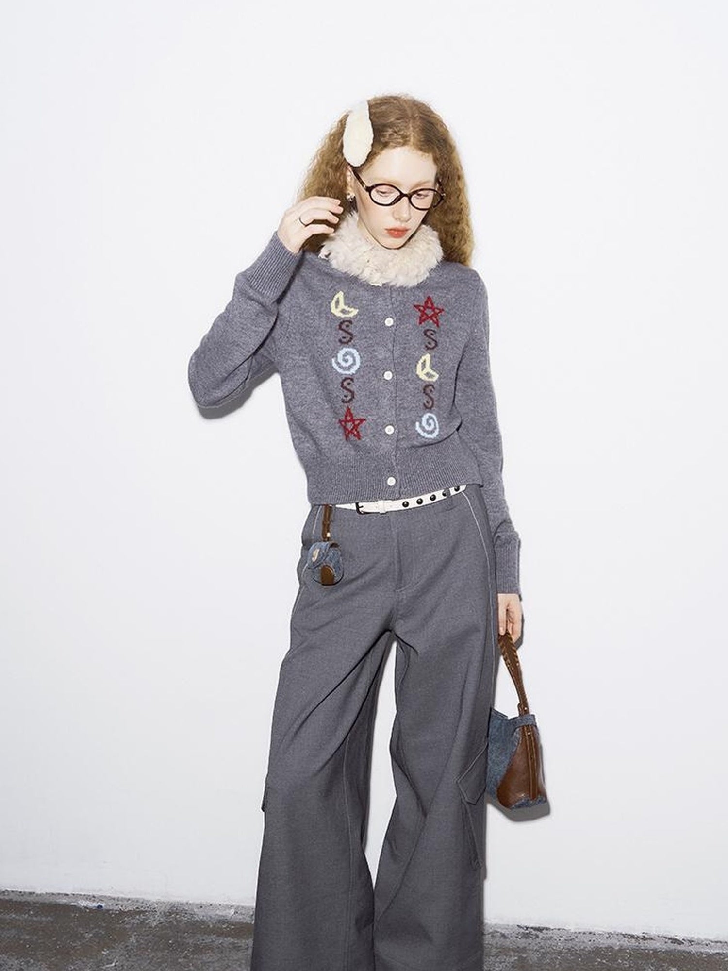 DIDDI MODA Starry Moon Knit Cardigan Wavy Suede Skirt Set