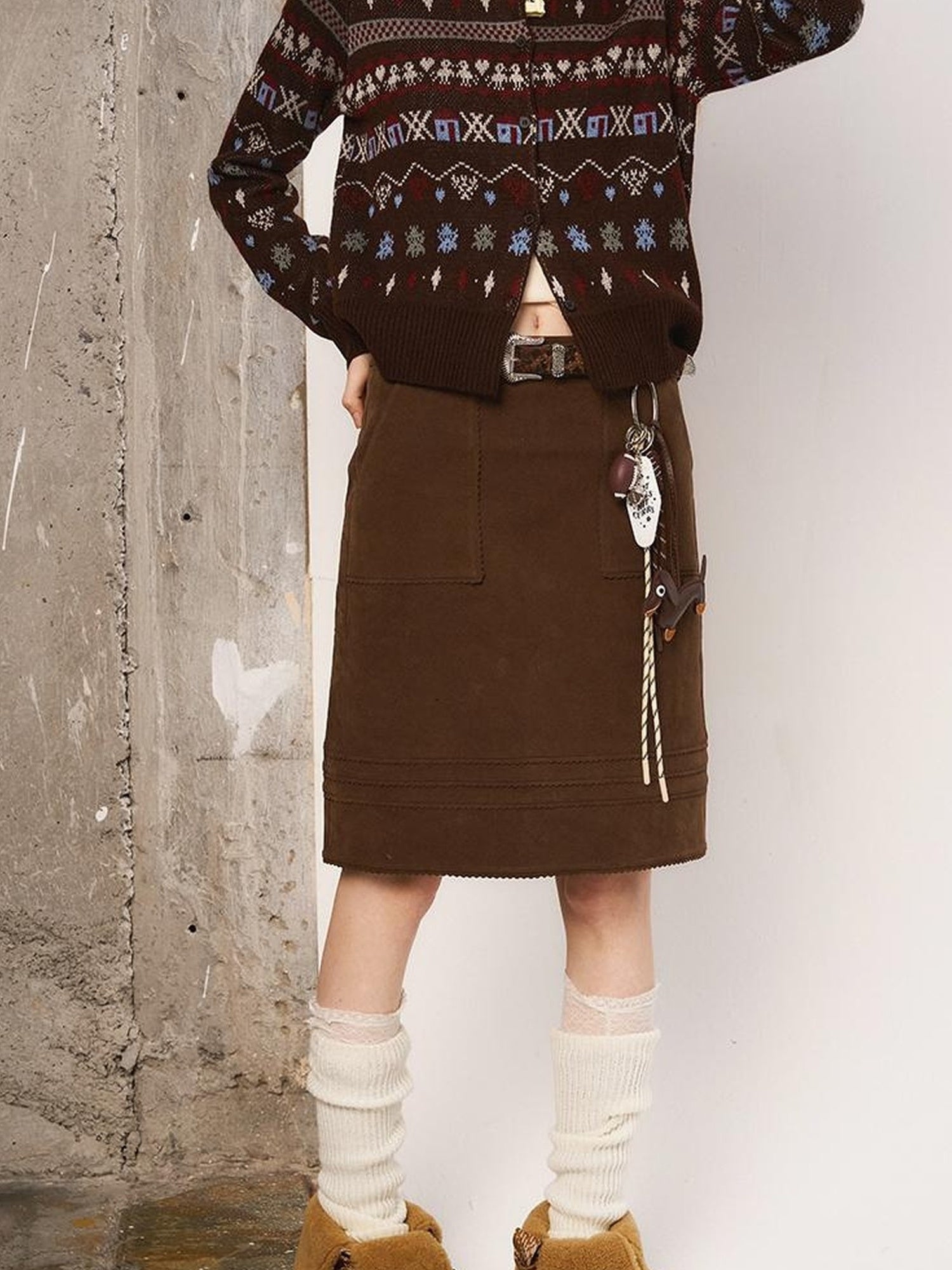 DIDDI MODA Starry Moon Knit Cardigan Wavy Suede Skirt Set