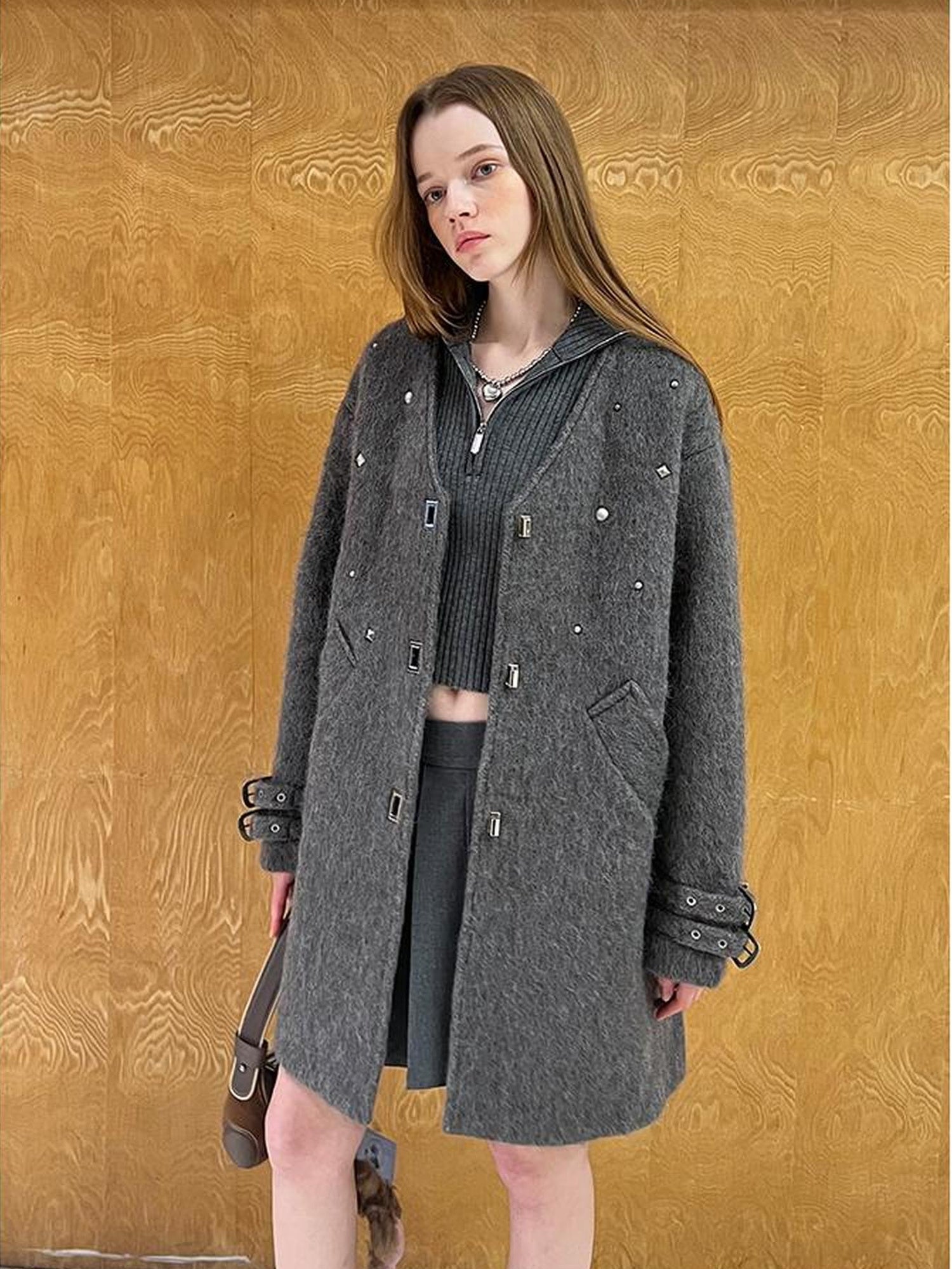 DIDDI MODA Starry Nail Wool Blend Trench Coat