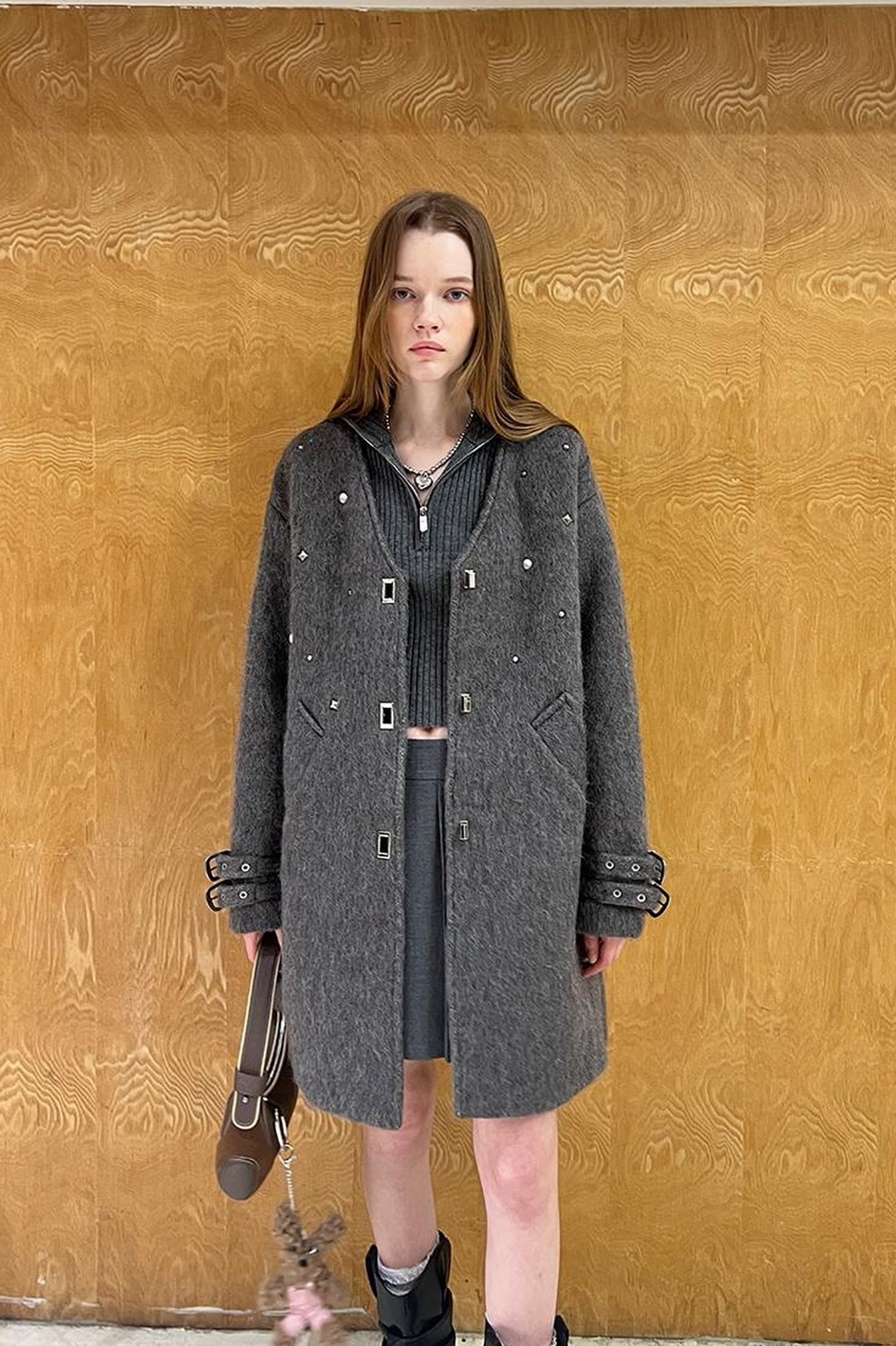 DIDDI MODA Starry Nail Wool Blend Trench Coat