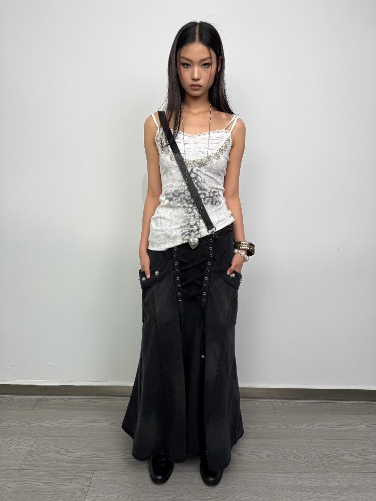 DoublePunch Straight Tube Mermaid Metal Studded Tie Pocket Long Skirt