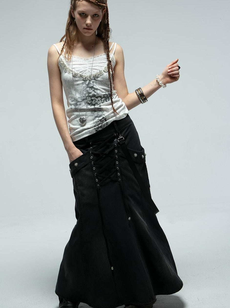 DoublePunch Straight Tube Mermaid Metal Studded Tie Pocket Long Skirt