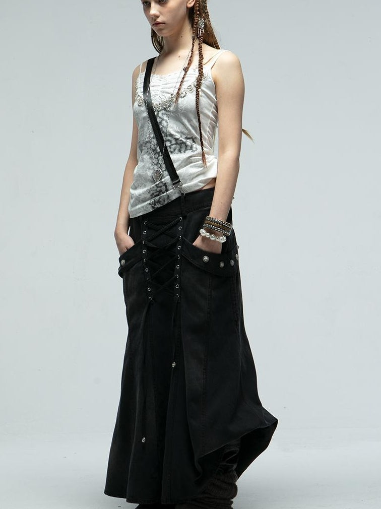DoublePunch Straight Tube Mermaid Metal Studded Tie Pocket Long Skirt