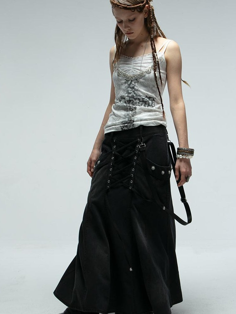 DoublePunch Straight Tube Mermaid Metal Studded Tie Pocket Long Skirt