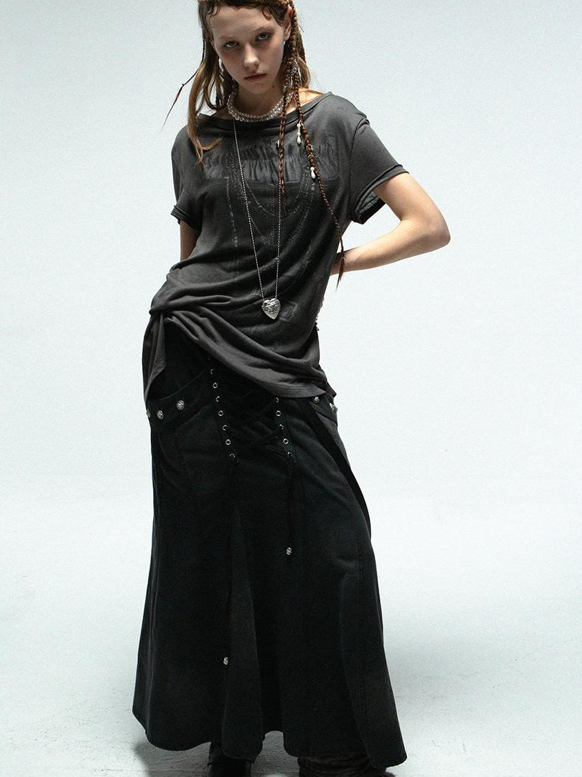 DoublePunch Straight Tube Mermaid Metal Studded Tie Pocket Long Skirt