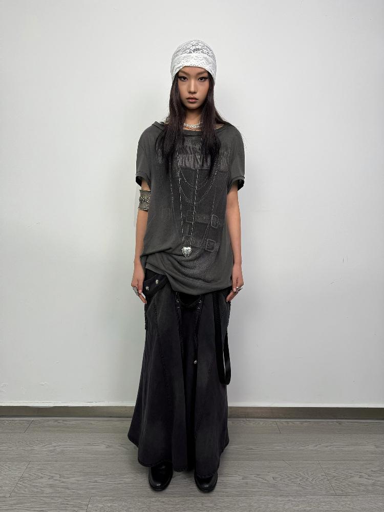 DoublePunch Straight Tube Mermaid Metal Studded Tie Pocket Long Skirt