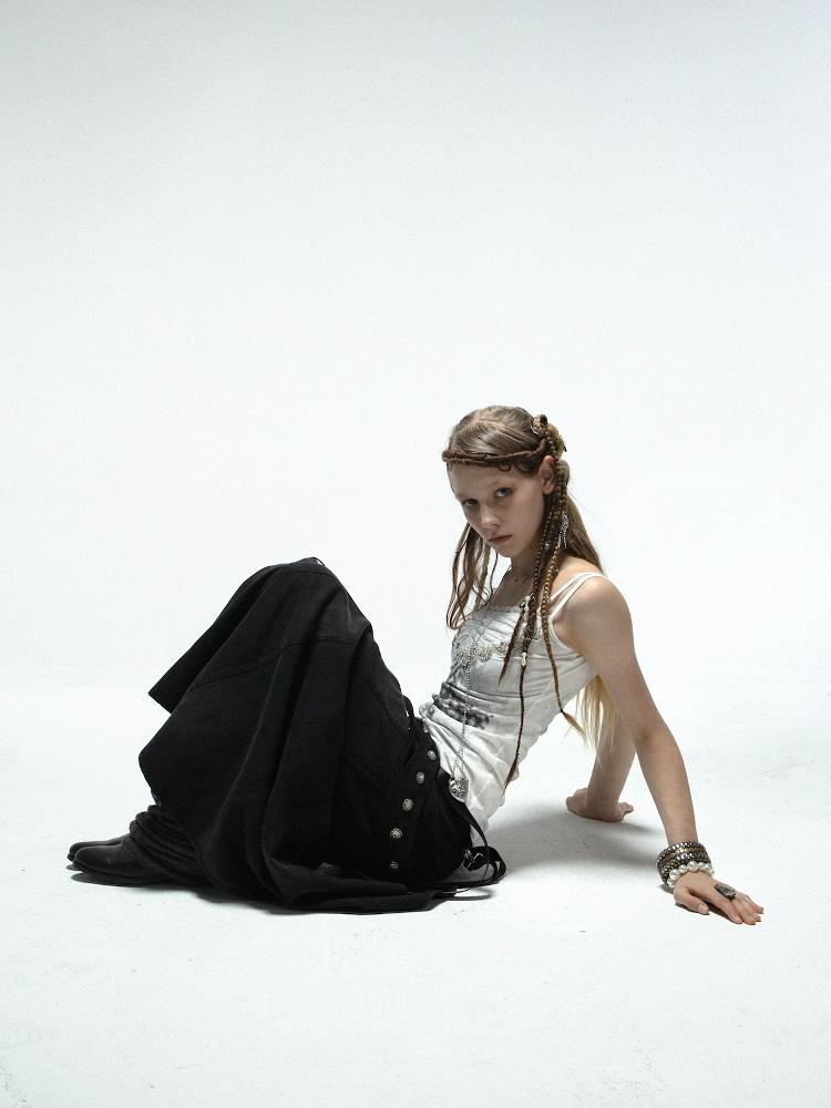 DoublePunch Straight Tube Mermaid Metal Studded Tie Pocket Long Skirt