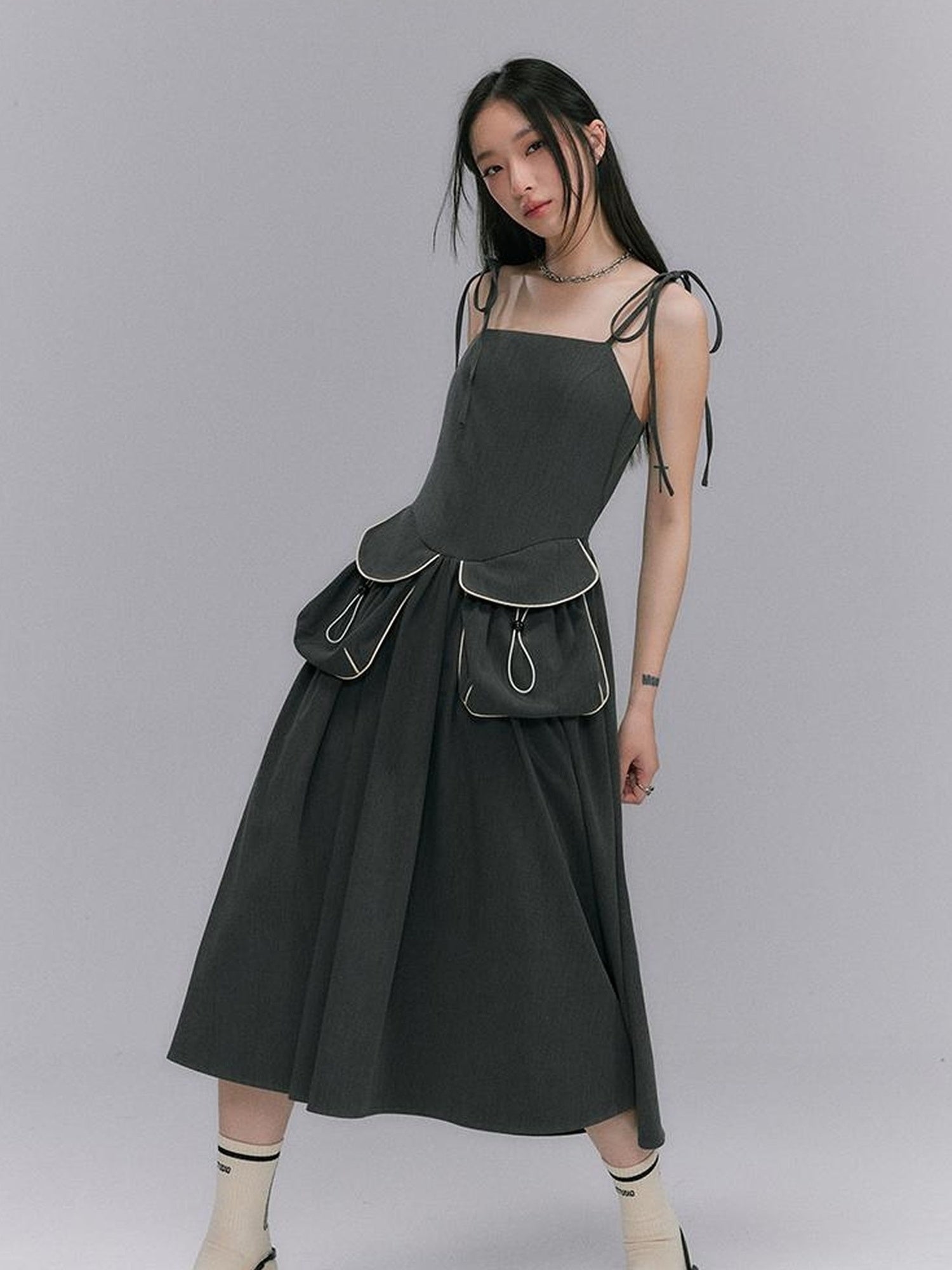 DIDDI MODA Strappy Utility Dress With Adjustable Ties Patch Pockets