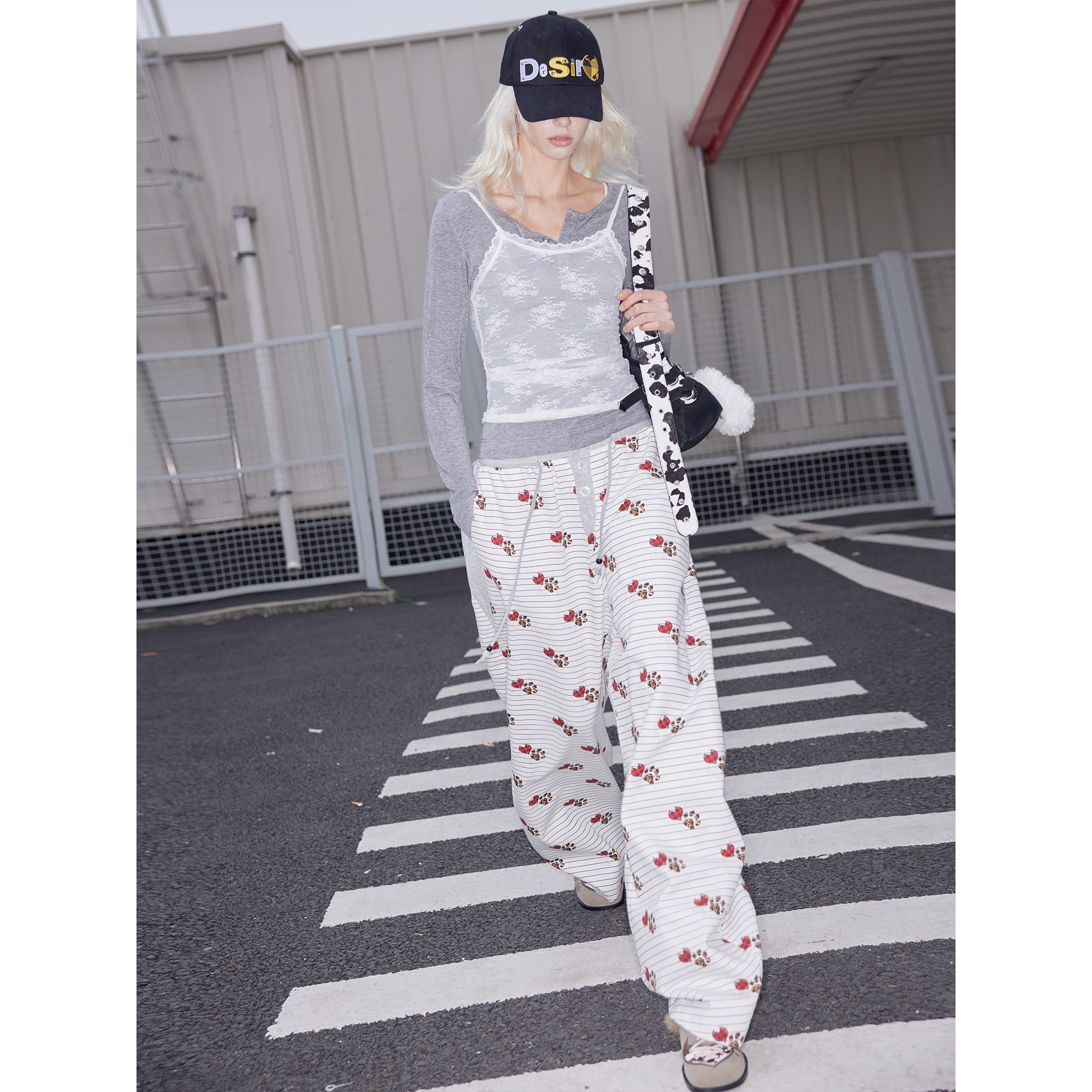 2th Desire Lyocell Embroidered Devil Heart Paw Print Checkered Beaded Trousers