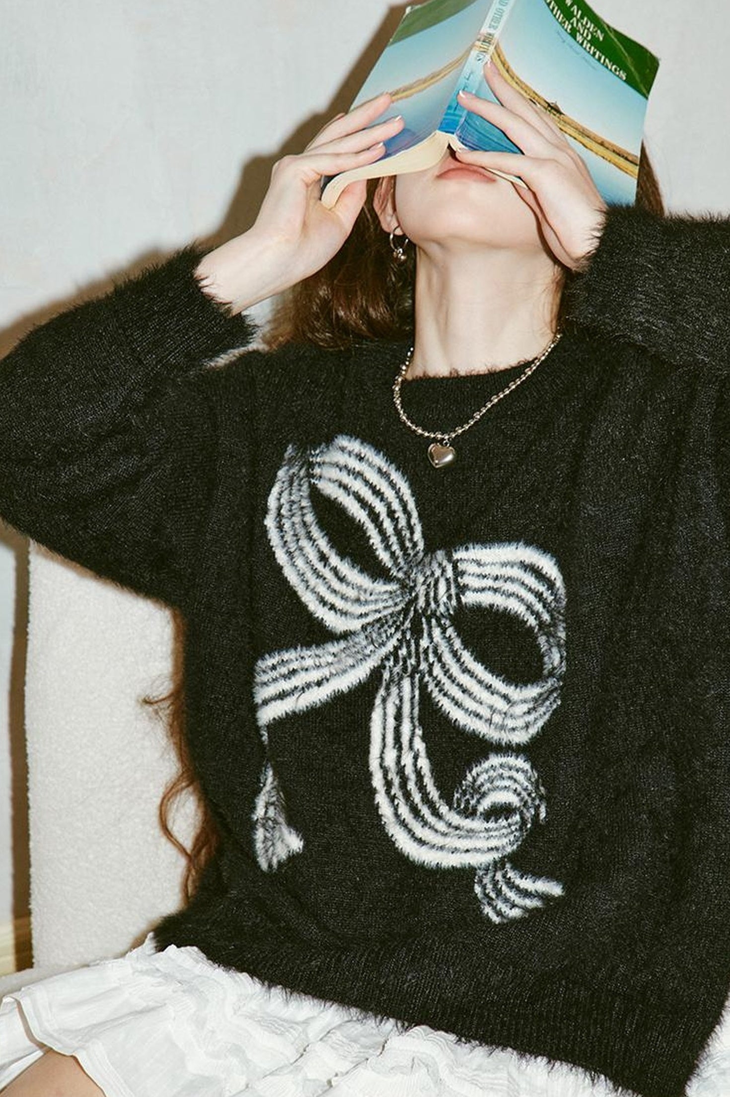 DIDDI MODA Striped Bow Knit Sweater Women Soft Loose Round Neck Mink Imitation Sweater