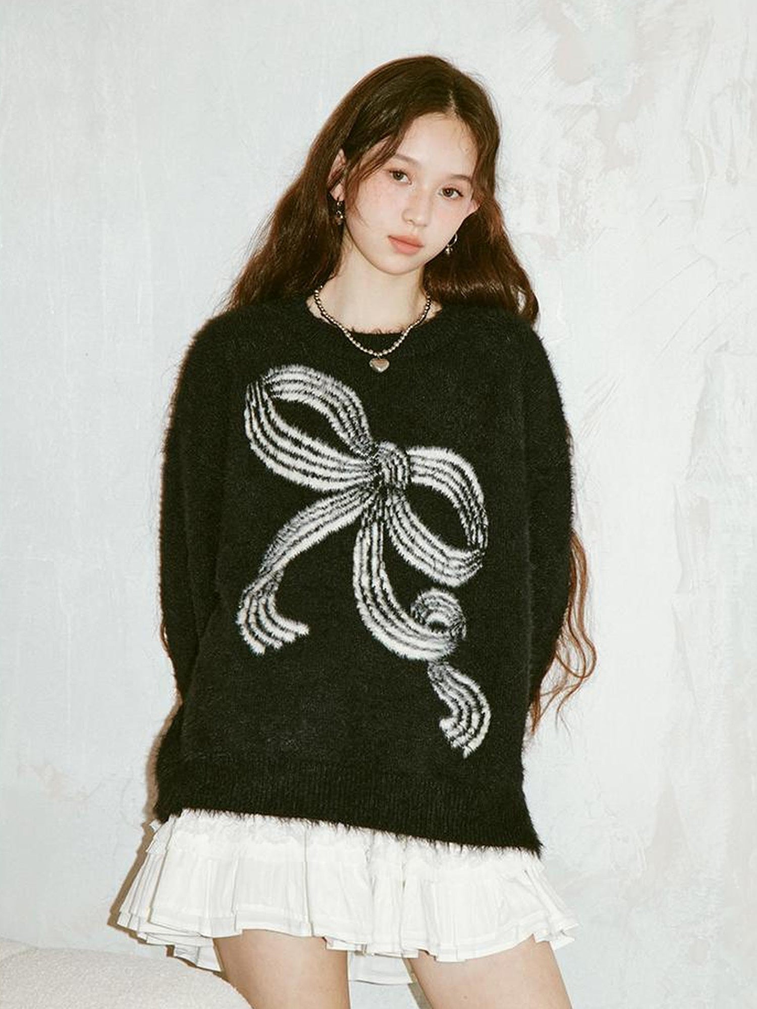 DIDDI MODA Striped Bow Knit Sweater Women Soft Loose Round Neck Mink Imitation Sweater