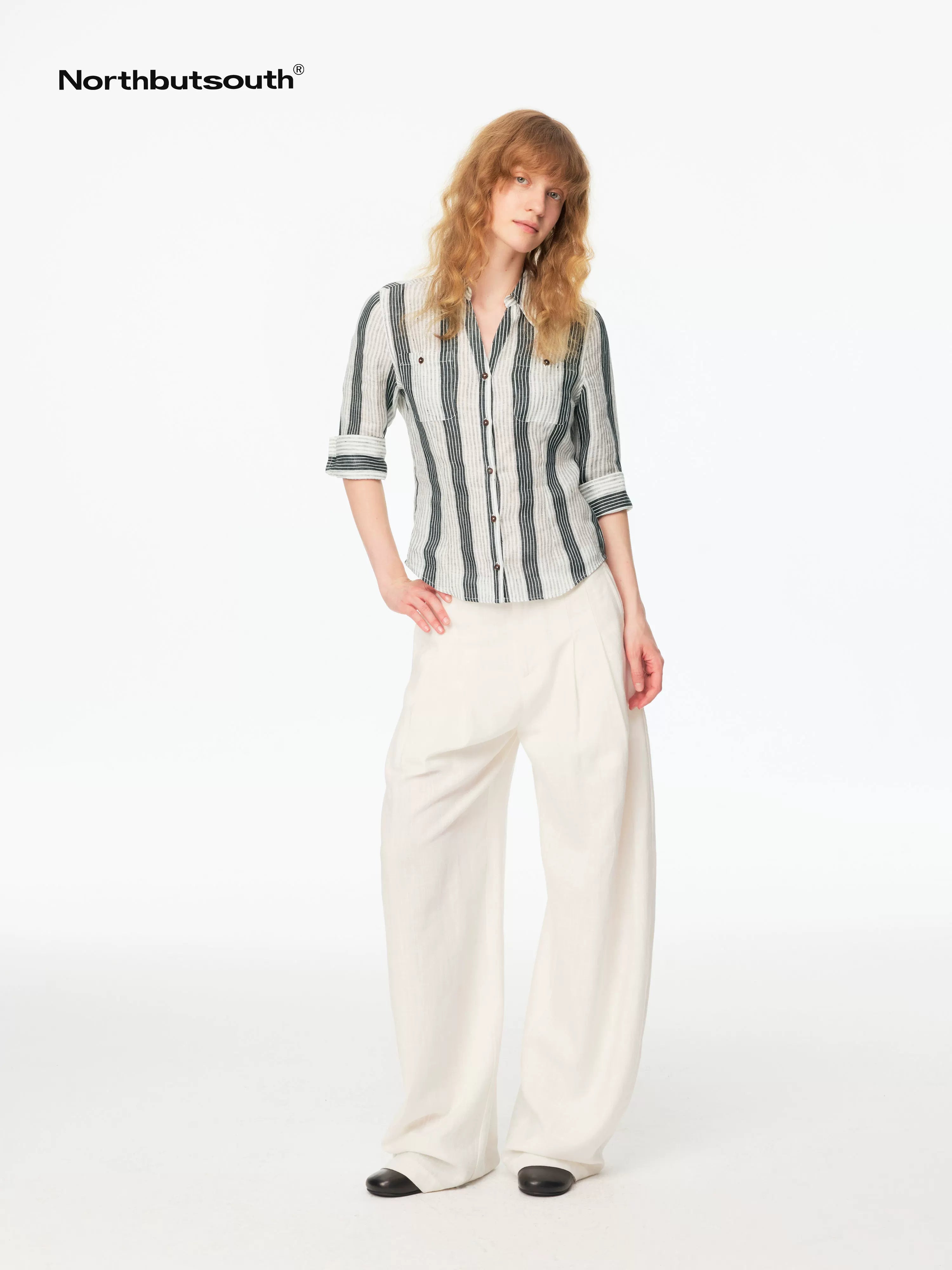 Striped Cinched Waist V-neck Rolled Mid Sleeve Women&