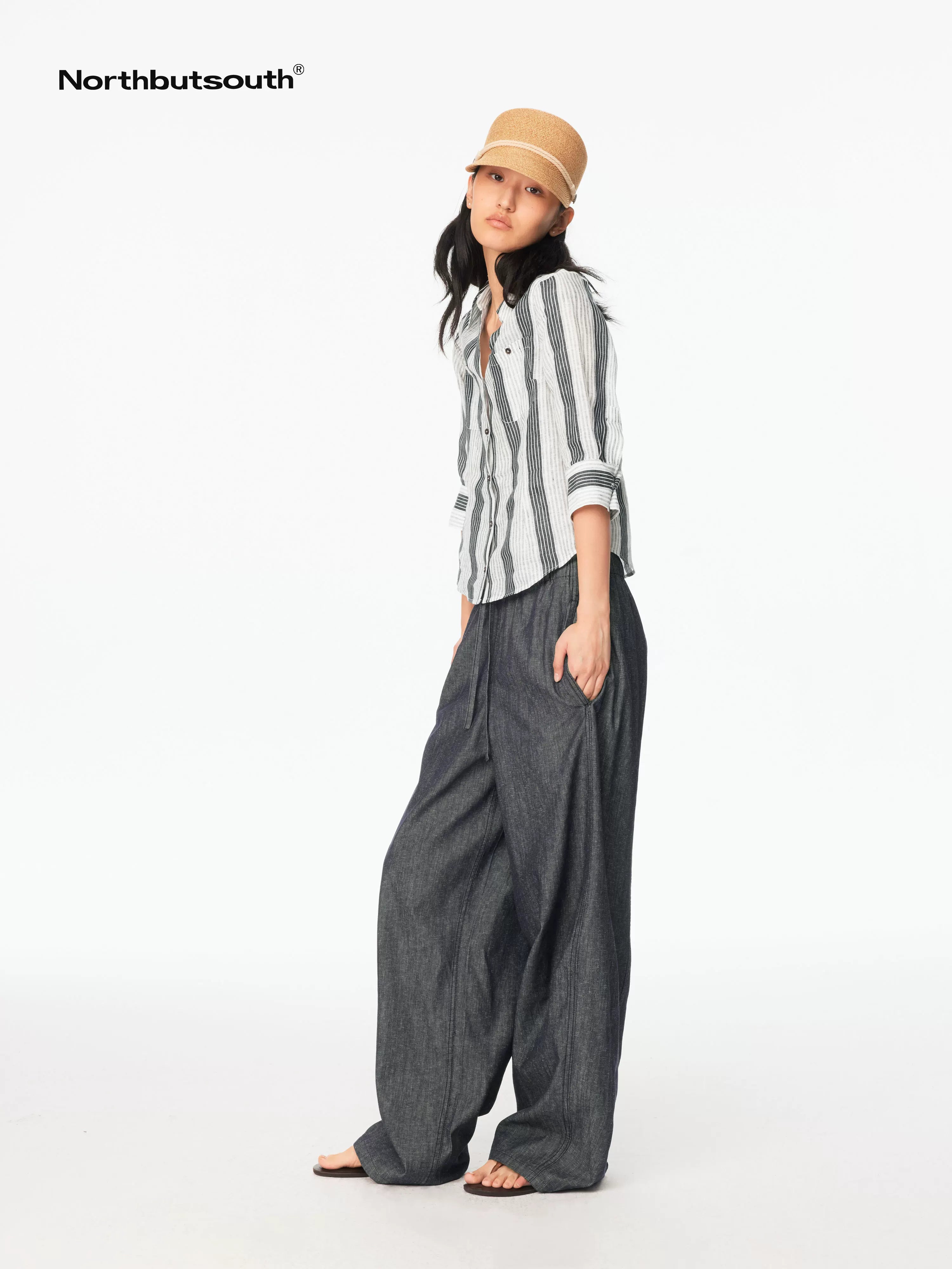 Striped Cinched Waist V-neck Rolled Mid Sleeve Women&