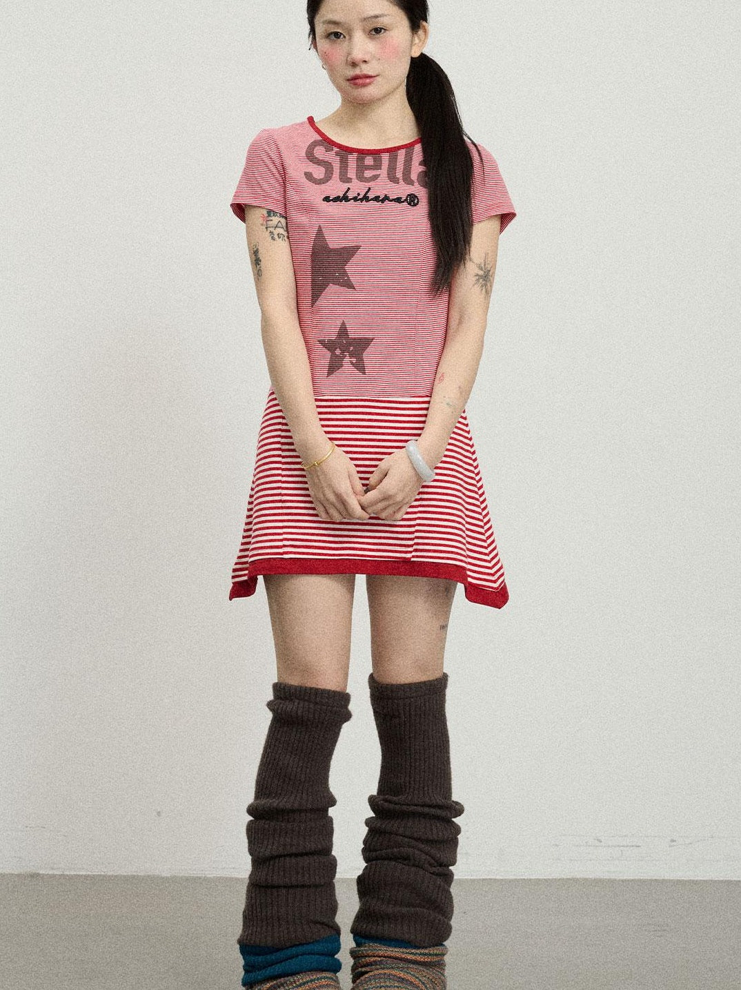 Achihara Striped Short T-Shirt Dress With Contrast Hem Dresses