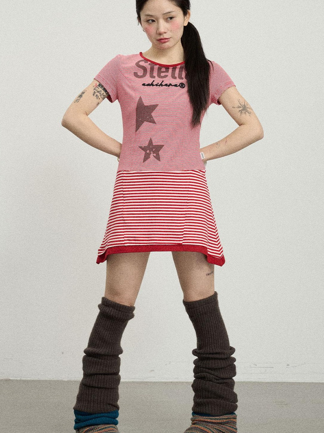 Achihara Striped Short T-Shirt Dress With Contrast Hem Dresses