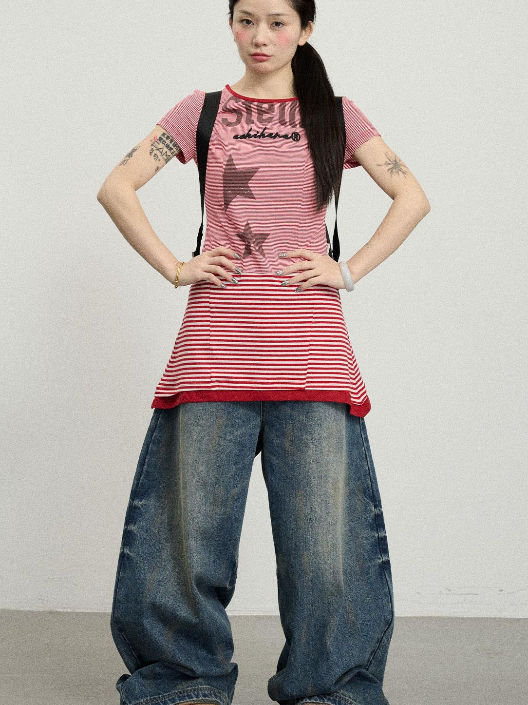 Achihara Striped Short T-Shirt Dress With Contrast Hem Dresses