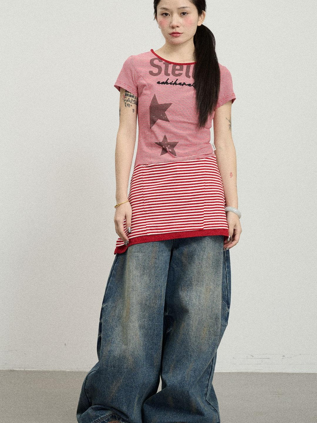 Achihara Striped Short T-Shirt Dress With Contrast Hem Dresses
