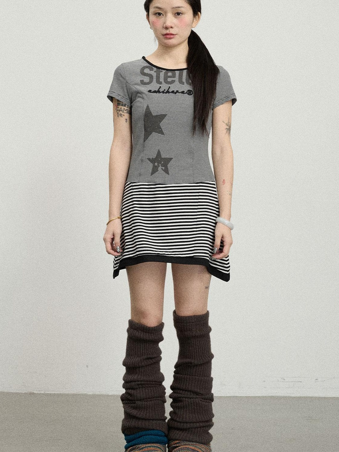 Achihara Striped Short T-Shirt Dress With Contrast Hem Dresses
