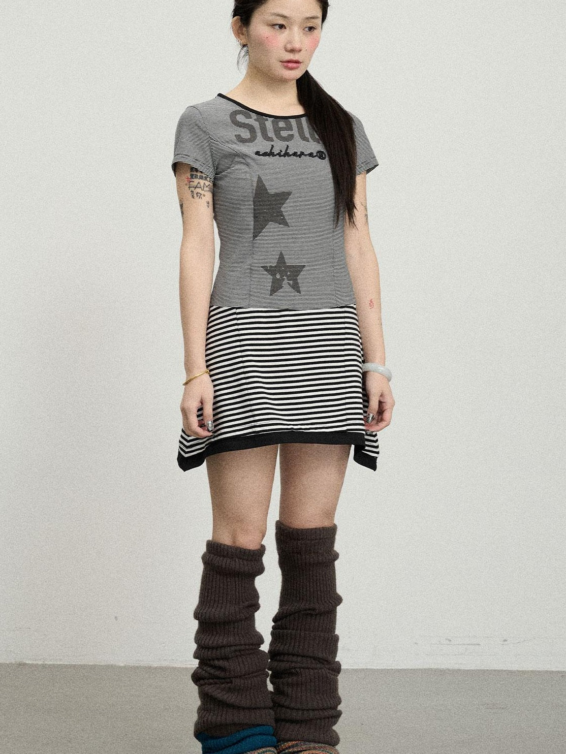 Achihara Striped Short T-Shirt Dress With Contrast Hem Dresses