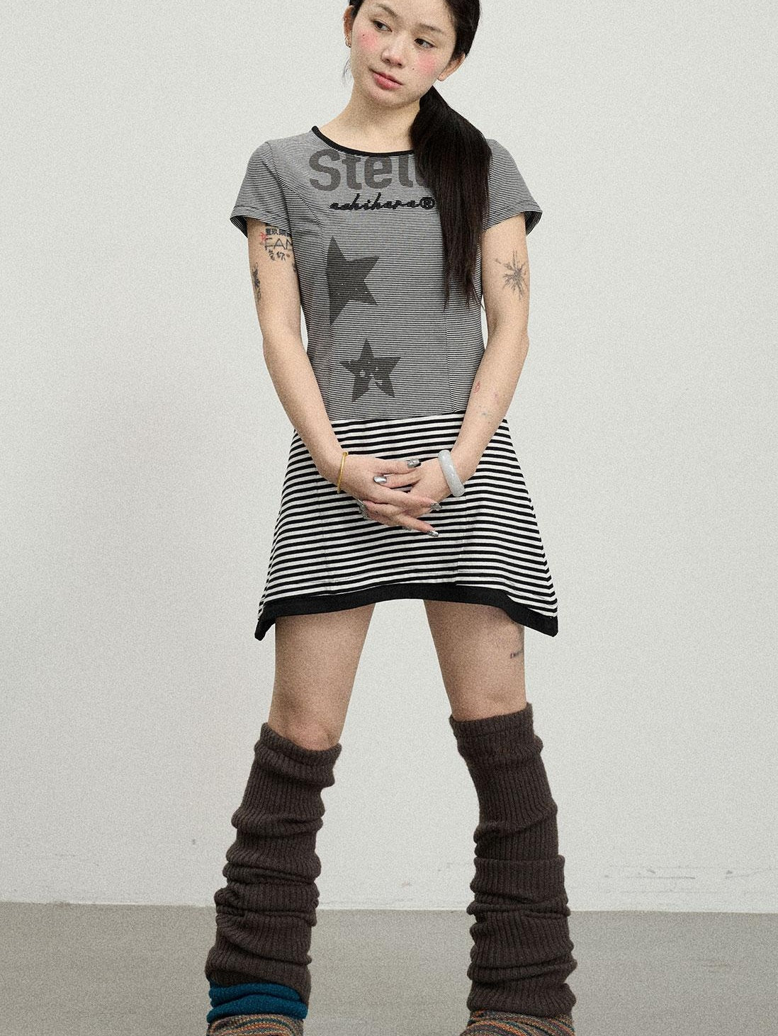 Achihara Striped Short T-Shirt Dress With Contrast Hem Dresses