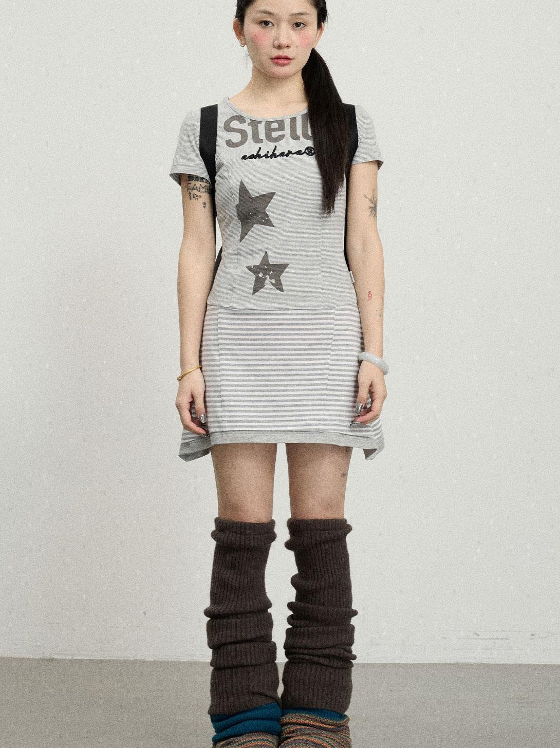 Achihara Striped Short T-Shirt Dress With Contrast Hem Dresses